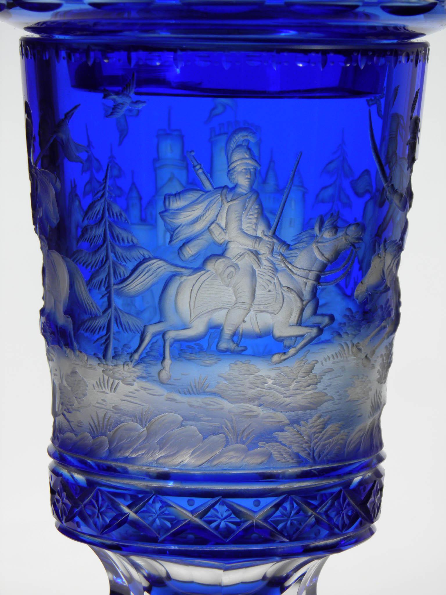Czech European Bohemian Blue Antique Goblet Military Motive 20th Century