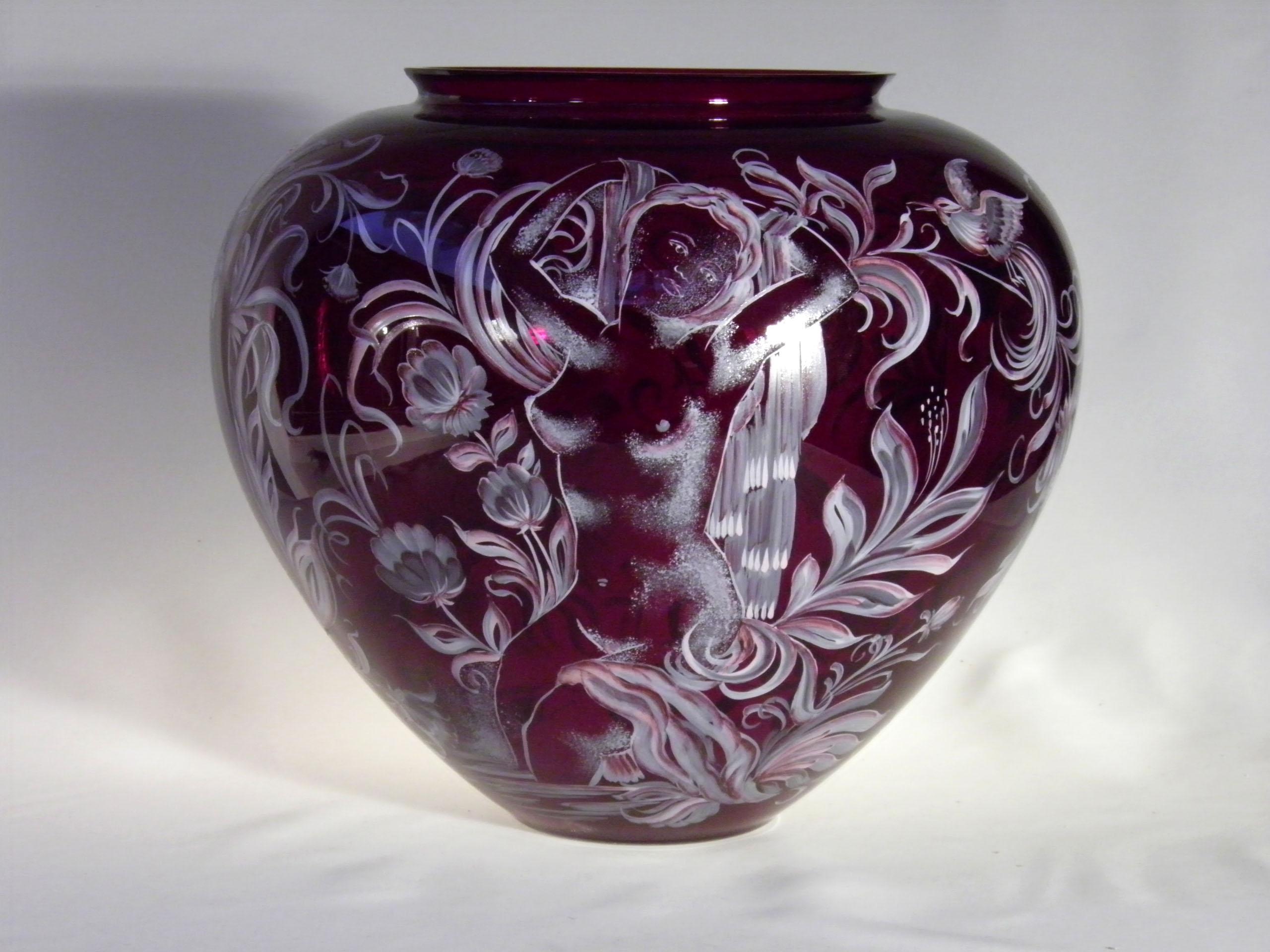 Bohemian vase made of granate glass from 20th century with acts motive.
- Kamenický Šenov.