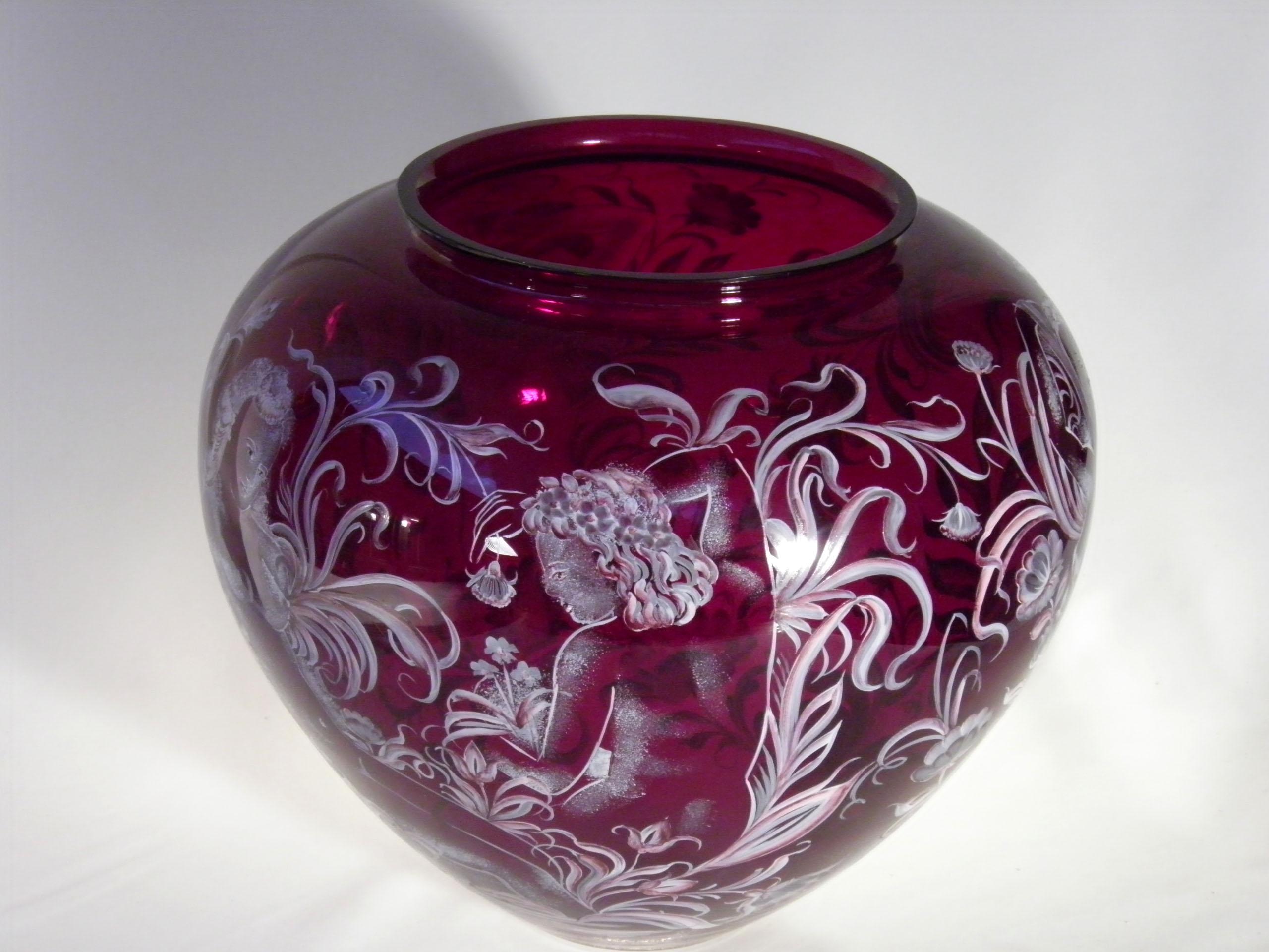Bohemian Vintage Granate Glass Vase Acts 20th Century 3