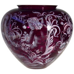 Bohemian Vintage Granate Glass Vase Acts 20th Century