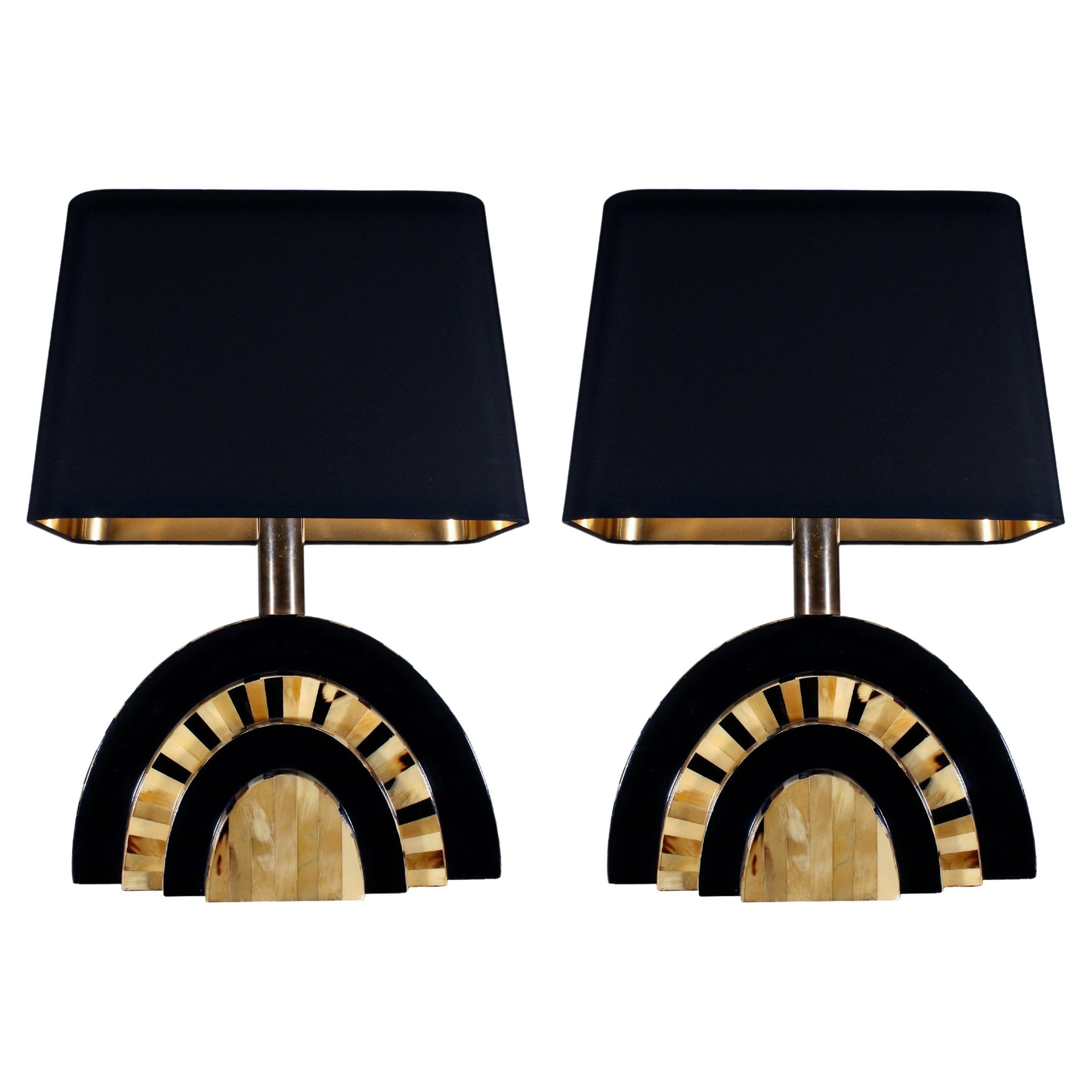 20th Century Pair of French Bone and Black Lacquer Table Lamps For Sale