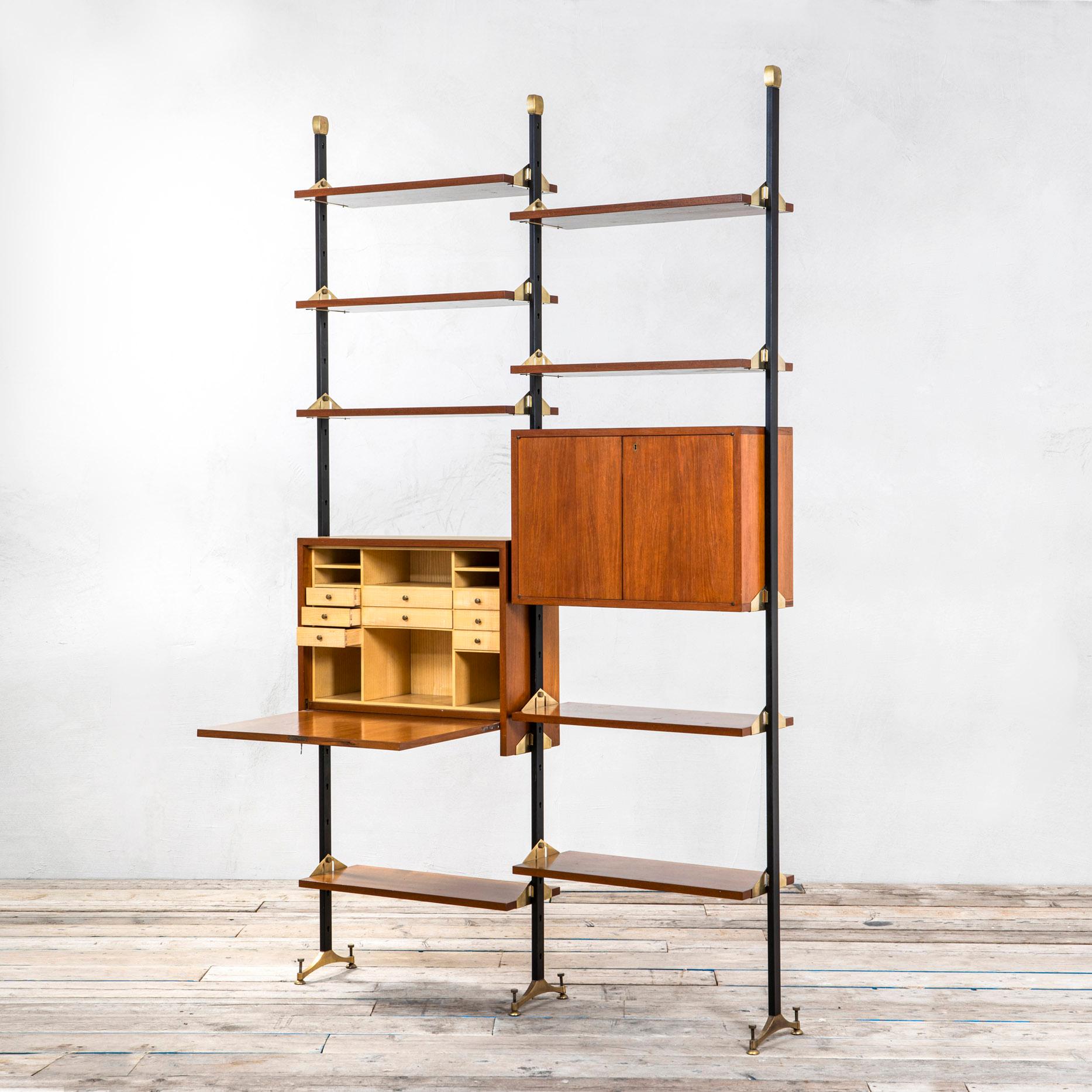 Mid-Century Modern 20th Century Bookcase with Shelves and Cabinets in Wood and Brass Italian School