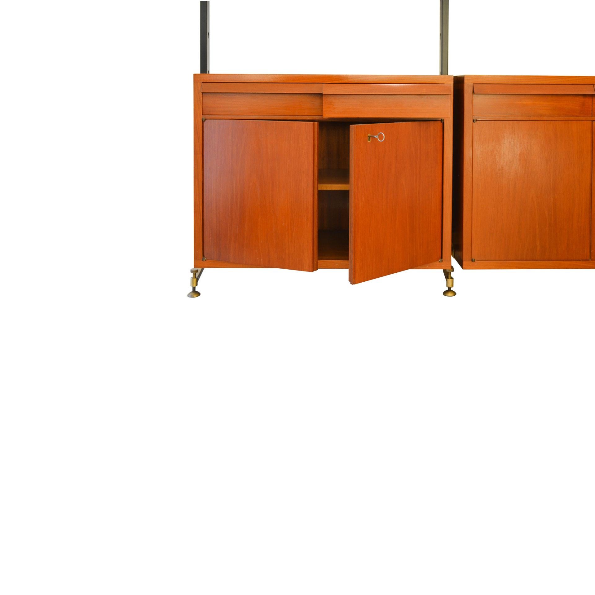 Lacquered 20th Century Bookcase with Shelves and Cabinets in Wood and Brass Italian School
