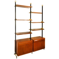 20th Century Bookcase with Shelves and Cabinets in Wood and Brass Italian School