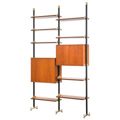 Used 20th Century Bookcase with Shelves and Cabinets in Wood and Brass Italian School