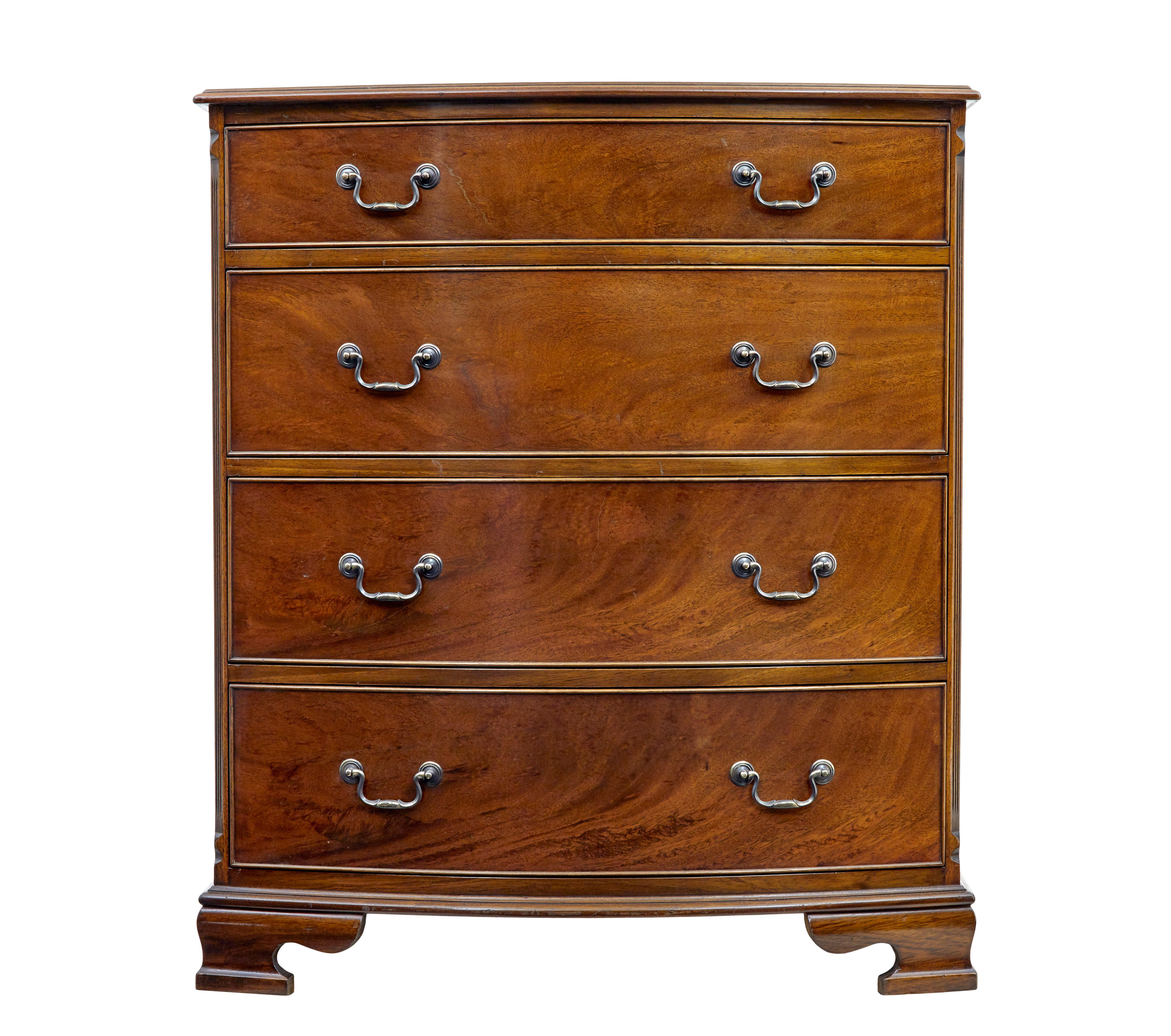 Good quality mahogany chest of drawers by well known English furniture makers Adam Richwood of London.

Copy of a Georgian design, 4 drawers fitted with swan neck handles and cock beading around the edges.  Canted corners.  Cross banded top surface