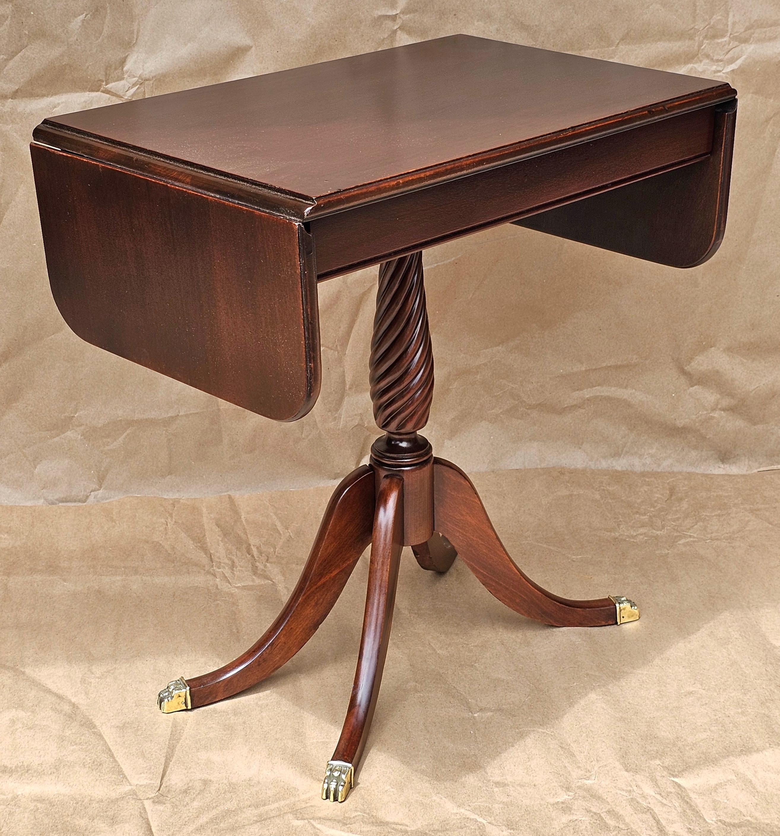 Carved 20th Century Brandt Mahogany Pedestal Drop Leaf Side Table, Refinished. For Sale