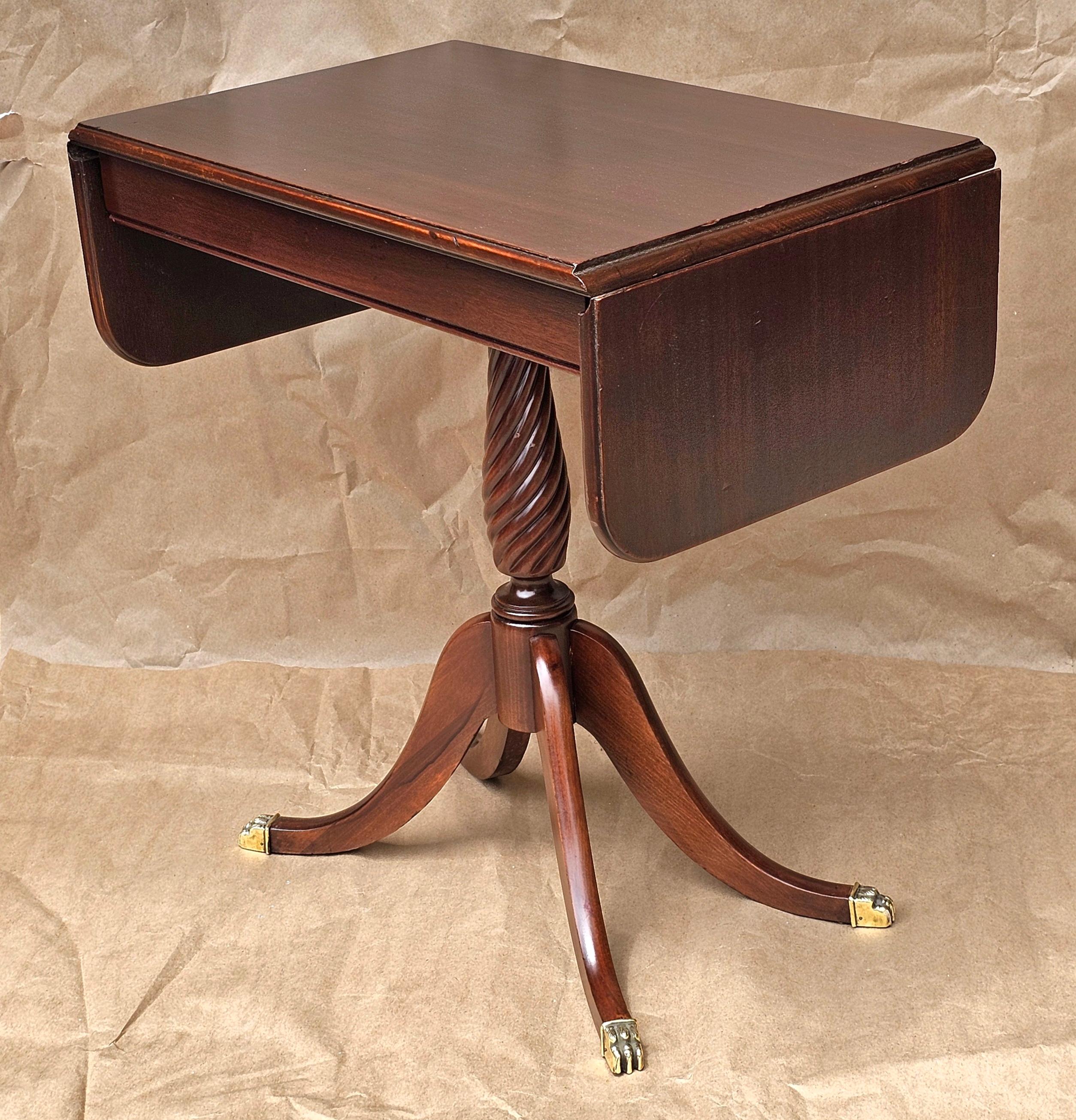Brass 20th Century Brandt Mahogany Pedestal Drop Leaf Side Table, Refinished. For Sale