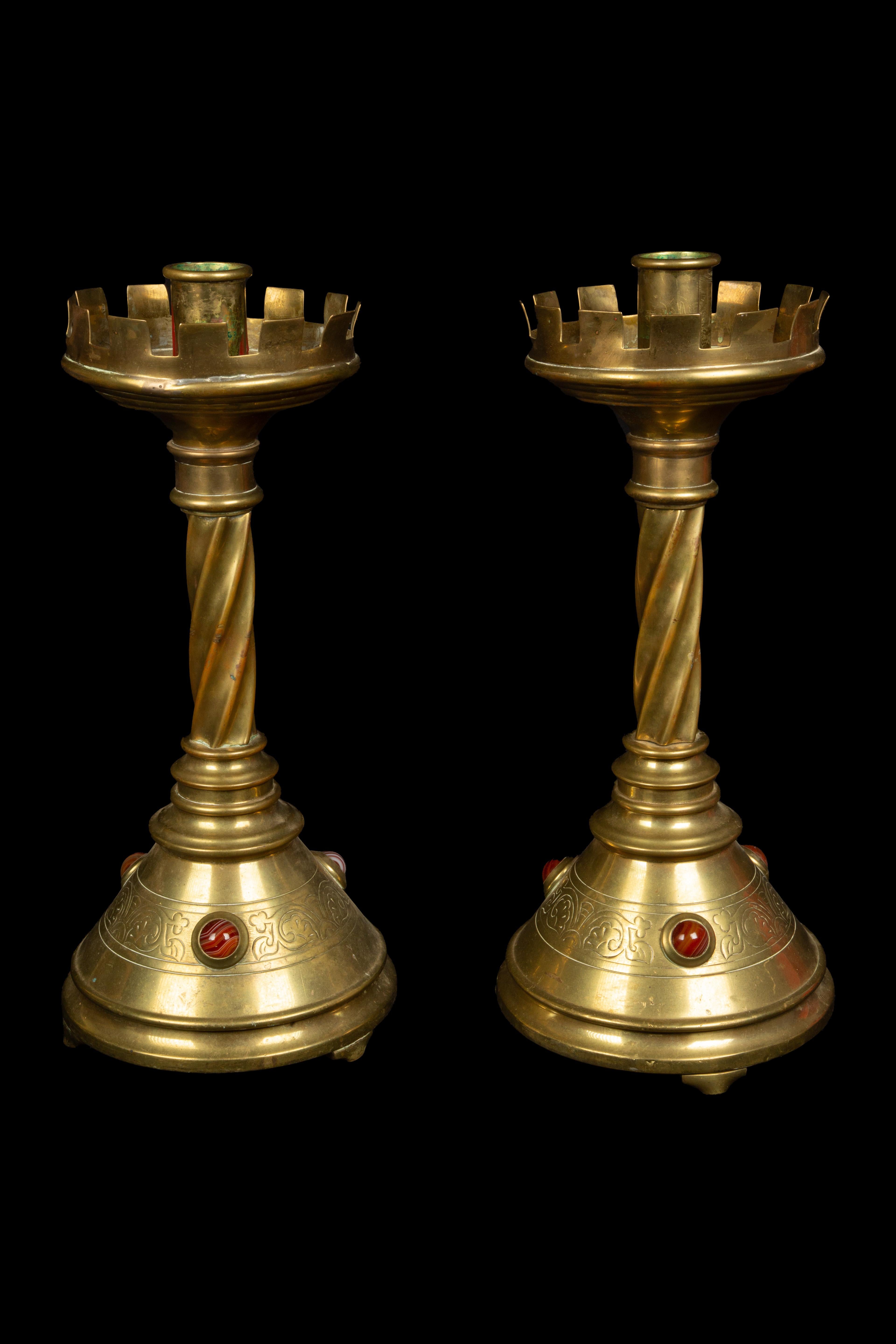 20th Century Brass and Agate Gothic Style Candle Sticks For Sale at 1stDibs