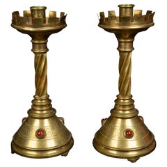 Antique 20th Century Brass and Agate Gothic Style Candle Sticks
