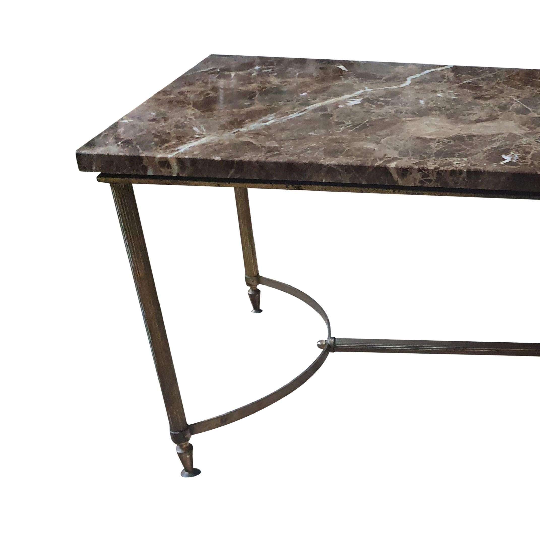 Hollywood Regency 20th Century Brass and Bronze Coffee Table with Maron Imperial Marble Top For Sale