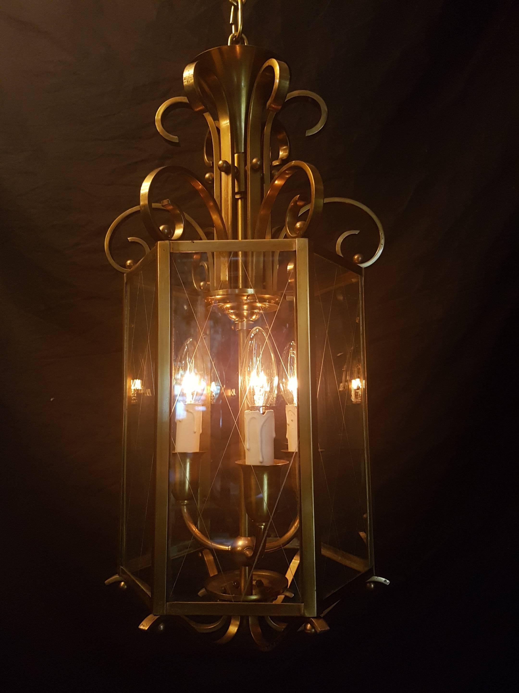French 20th Century Brass and Glass Hexagonal Lantern For Sale