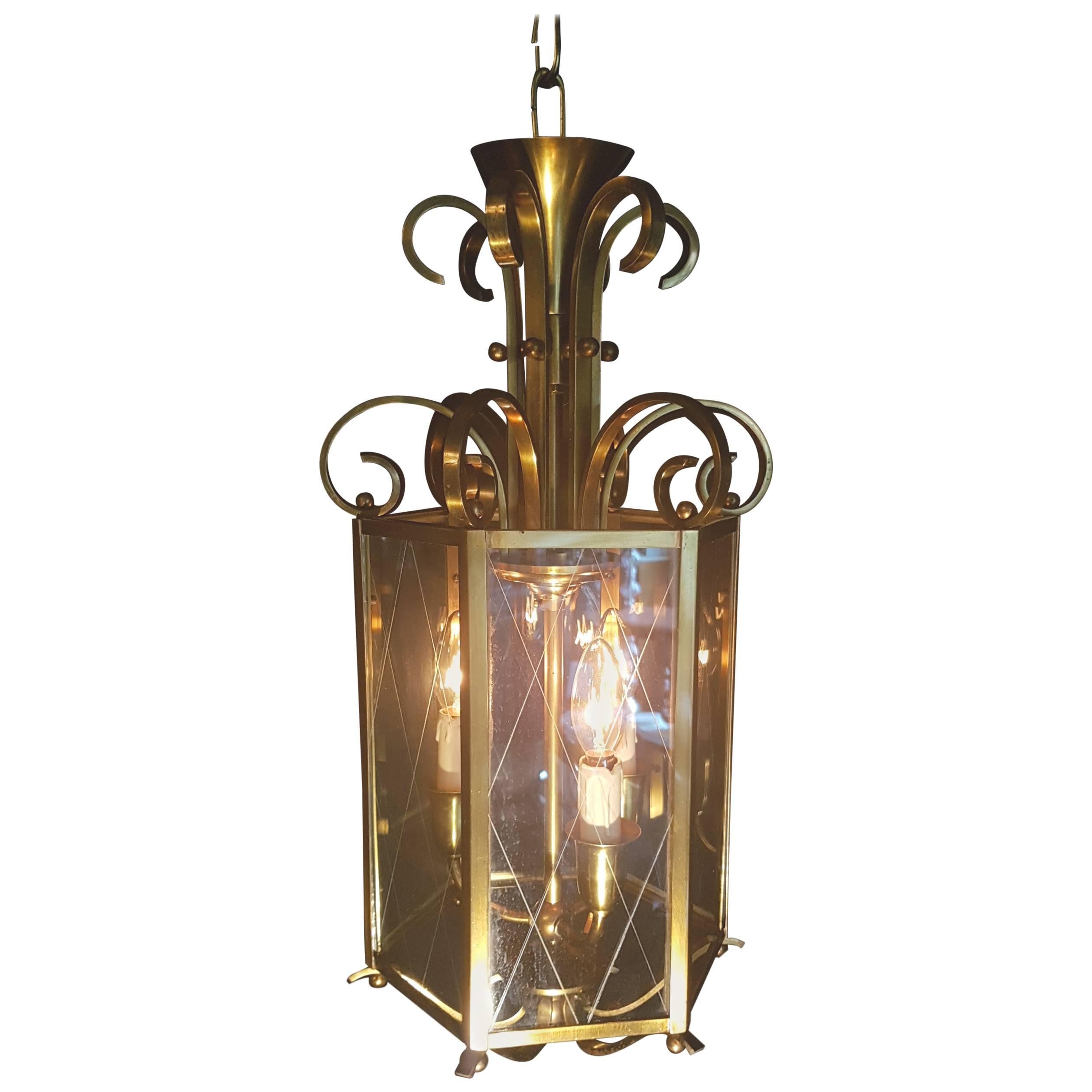 20th Century Brass and Glass Hexagonal Lantern For Sale