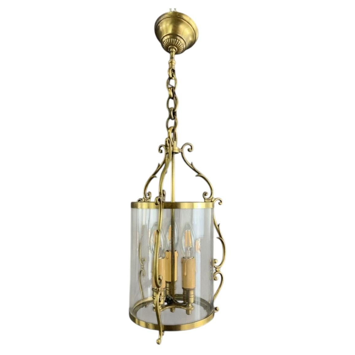 Neoclassical Brass and Glass Lantern Pendant, 20th Century Design