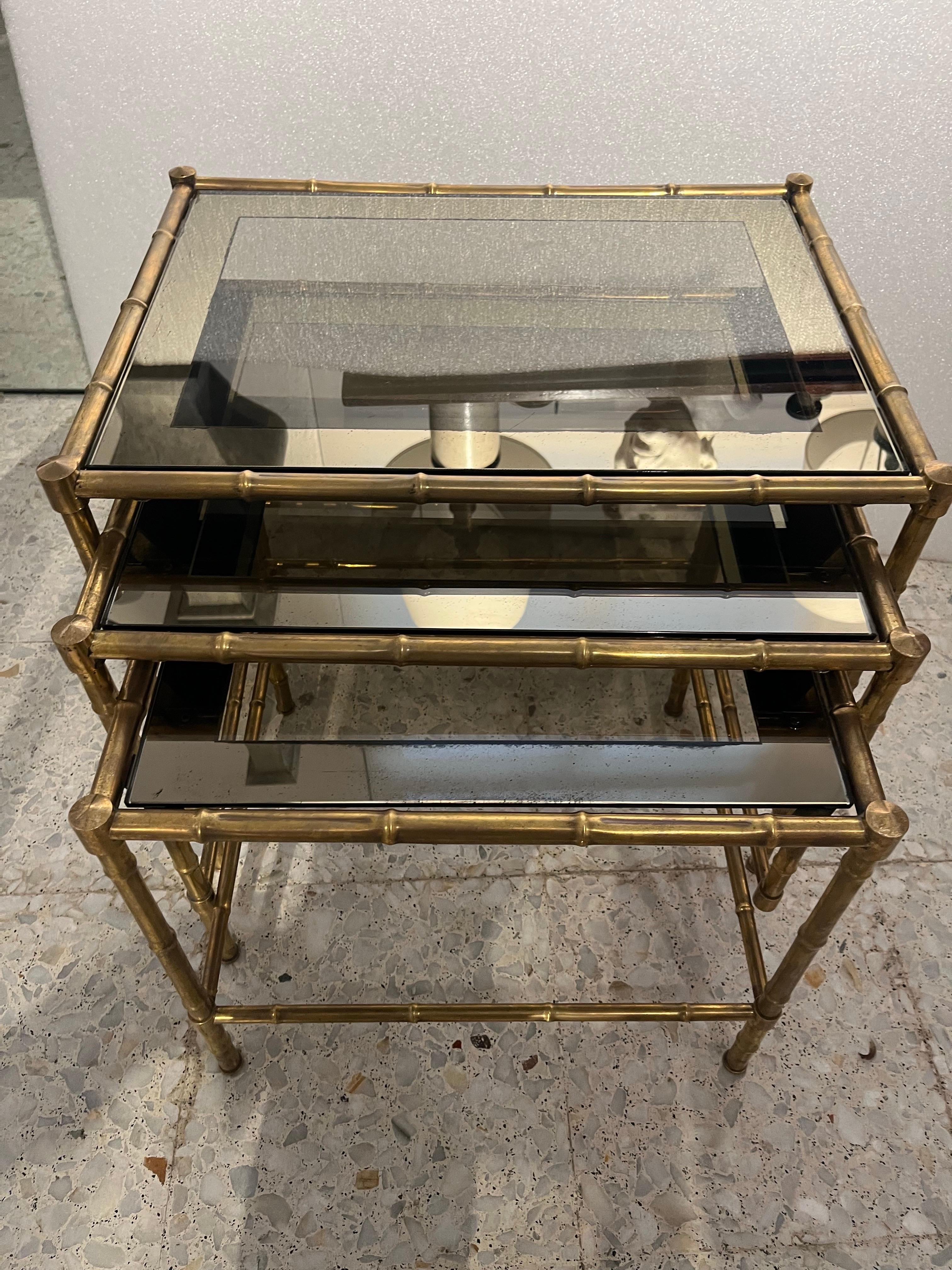 20th Century Brass and Glass Nesting  Tables  by Maison Bagues For Sale 5