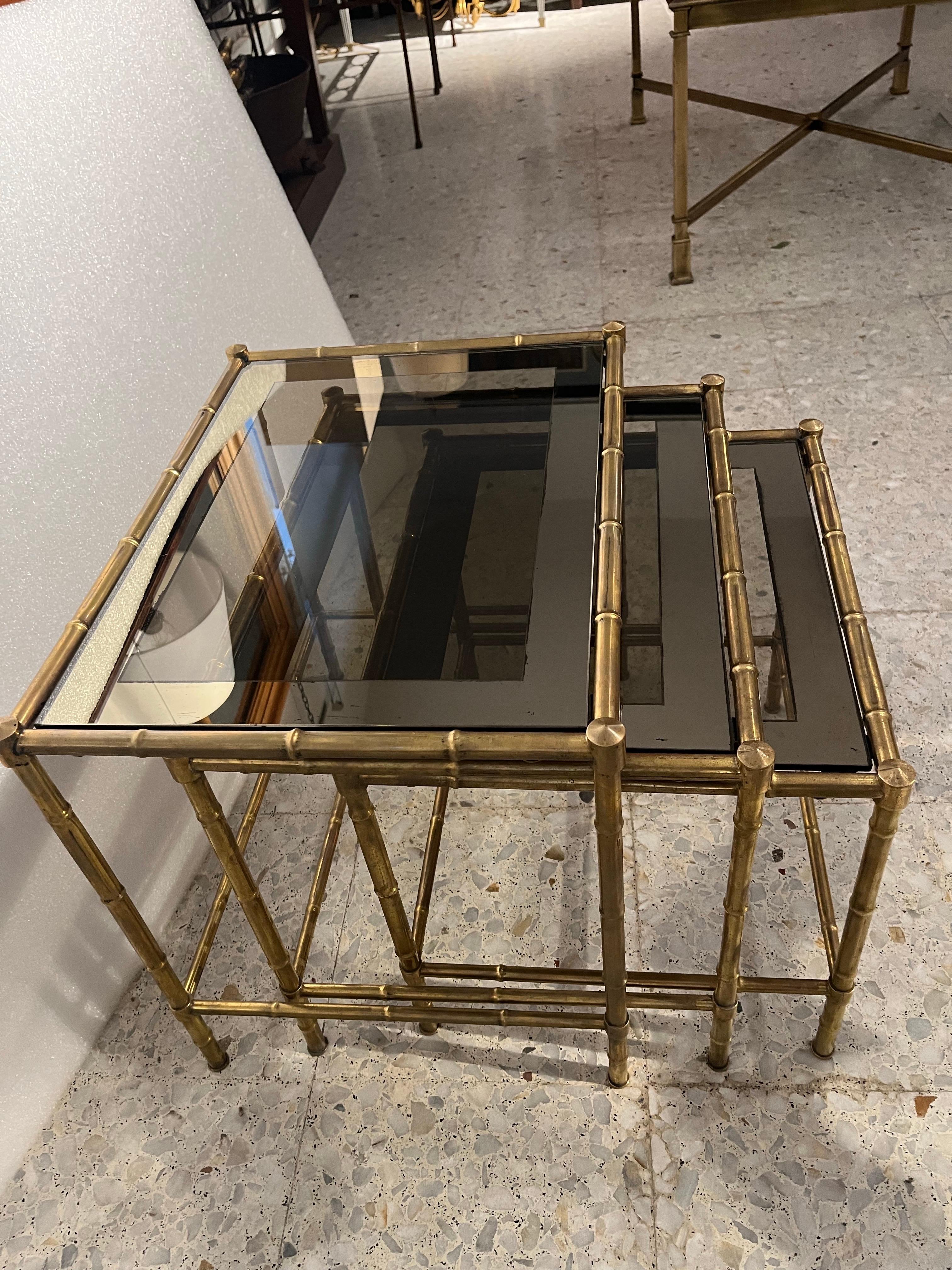 20th Century Brass and Glass Nesting  Tables  by Maison Bagues For Sale 8