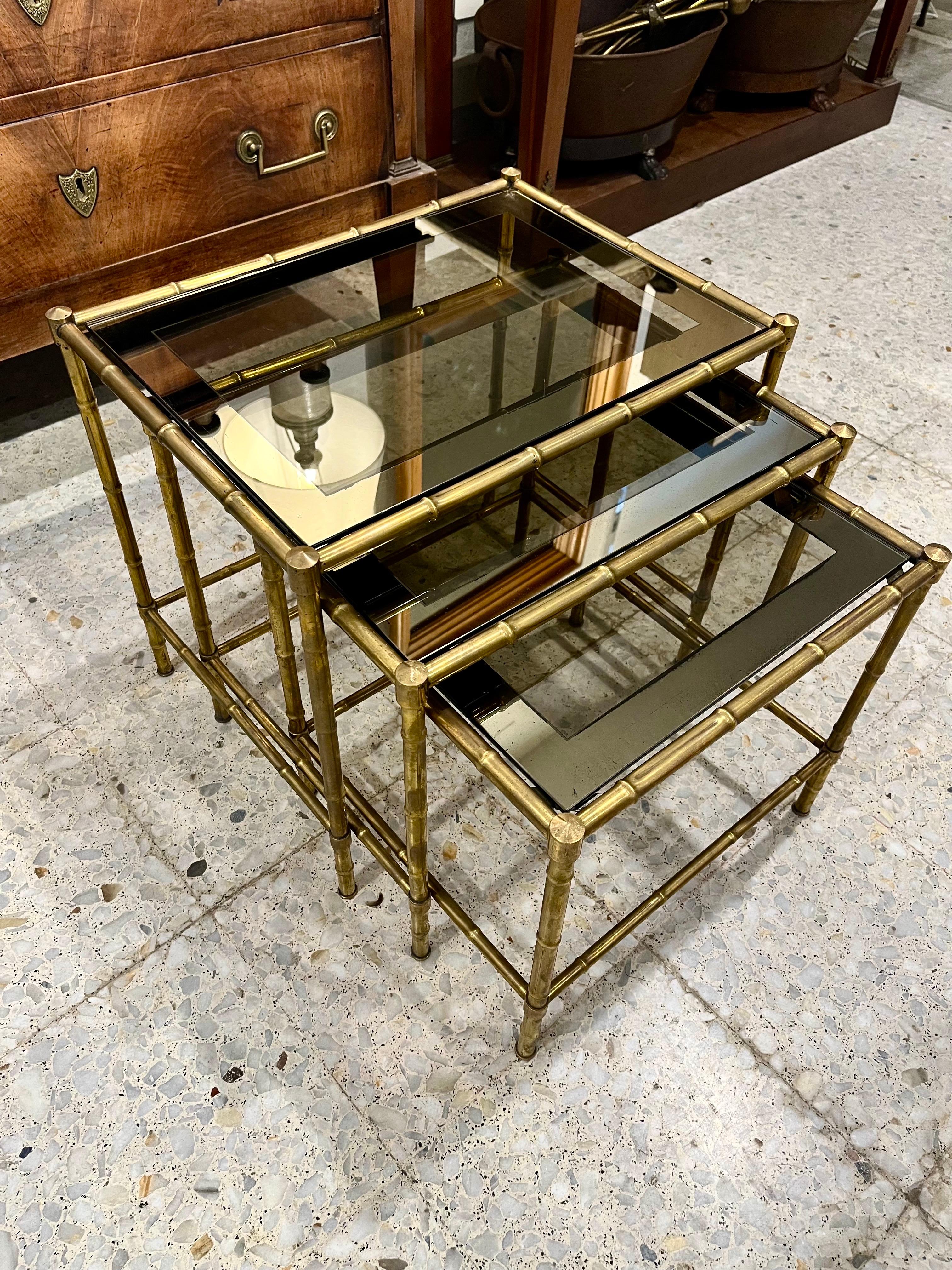 20th Century Brass and Glass Nesting  Tables  by Maison Bagues For Sale 12