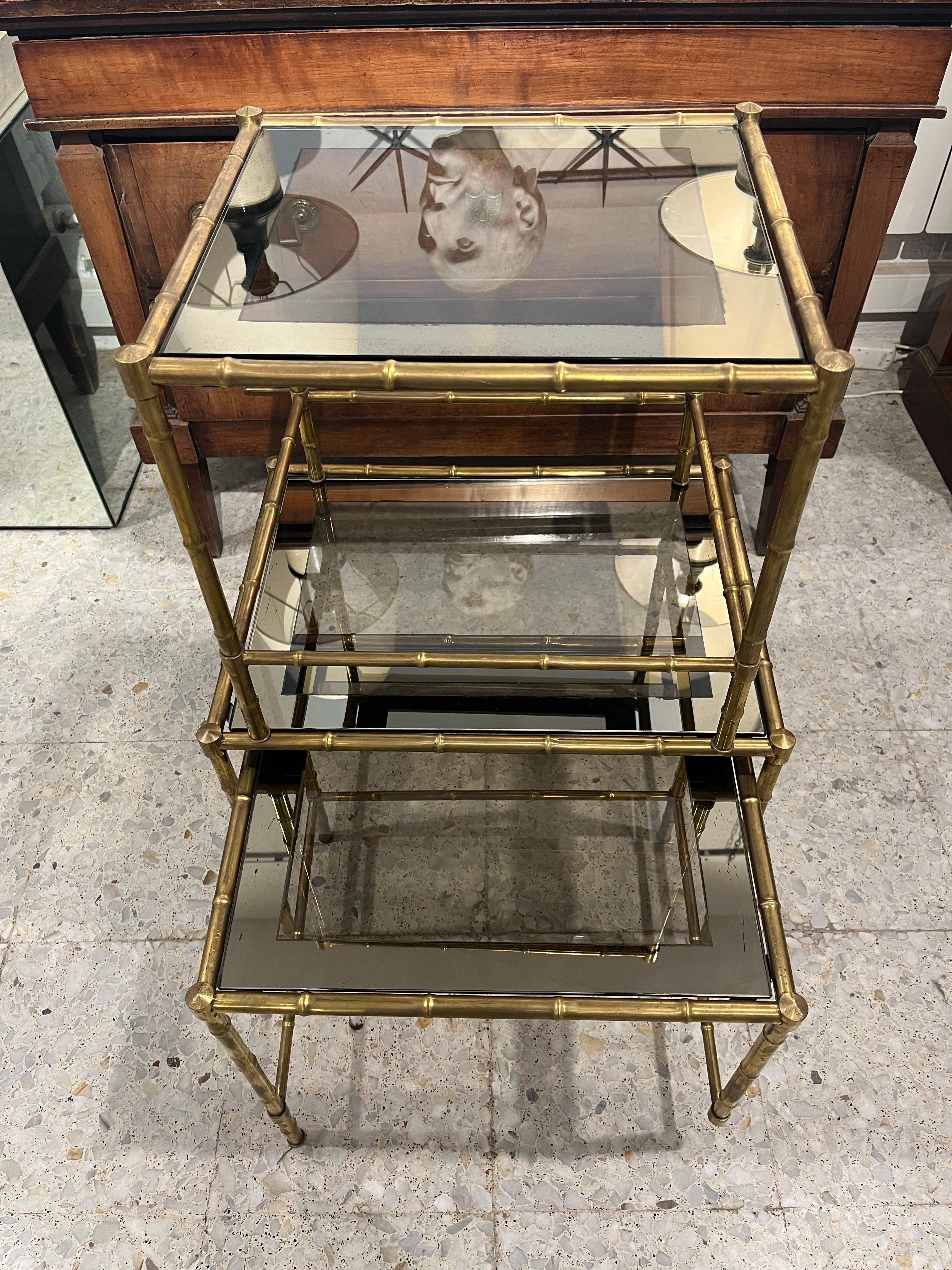 Neoclassical Revival 20th Century Brass and Glass Nesting  Tables  by Maison Bagues For Sale