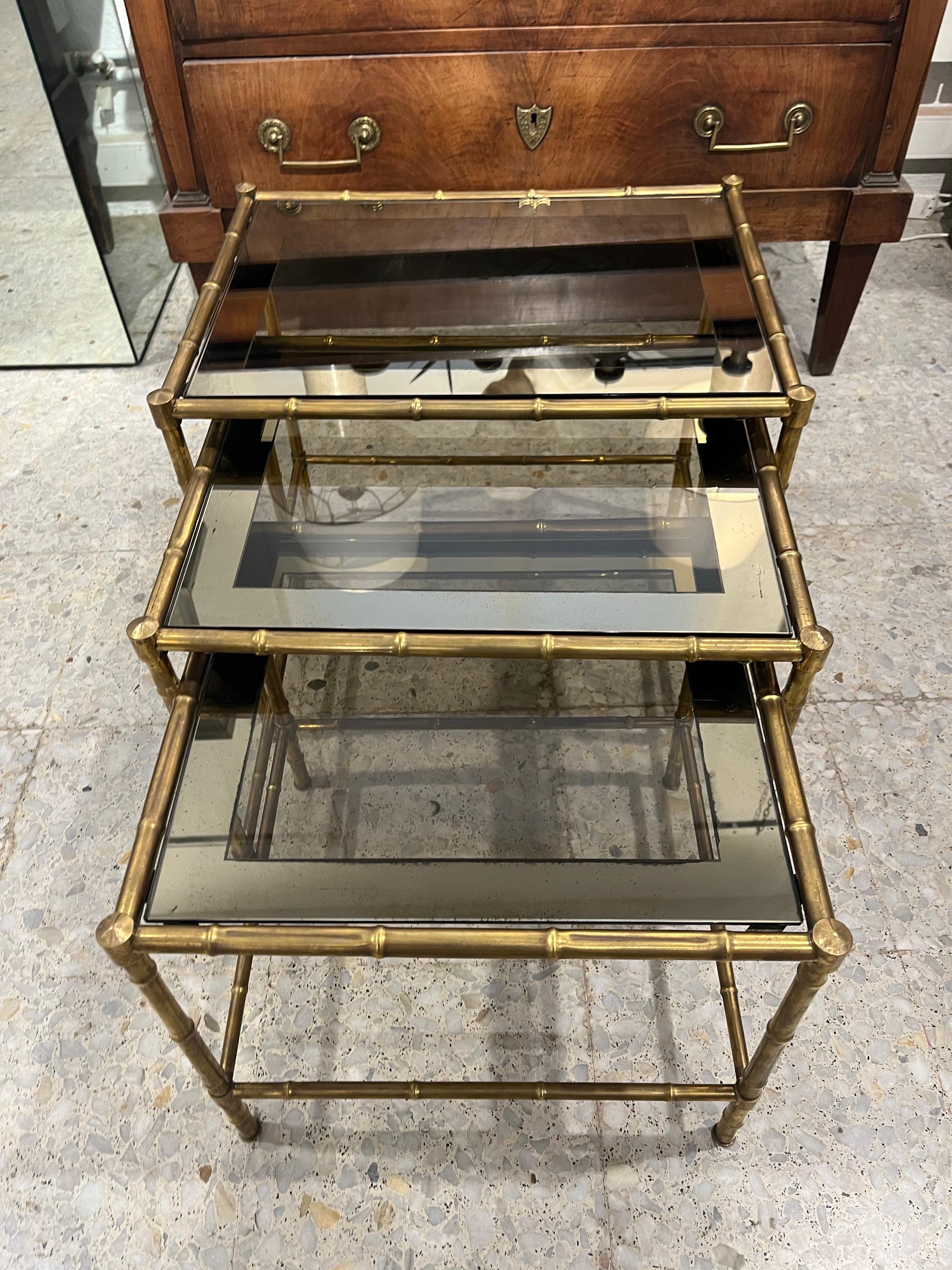 French 20th Century Brass and Glass Nesting  Tables  by Maison Bagues For Sale