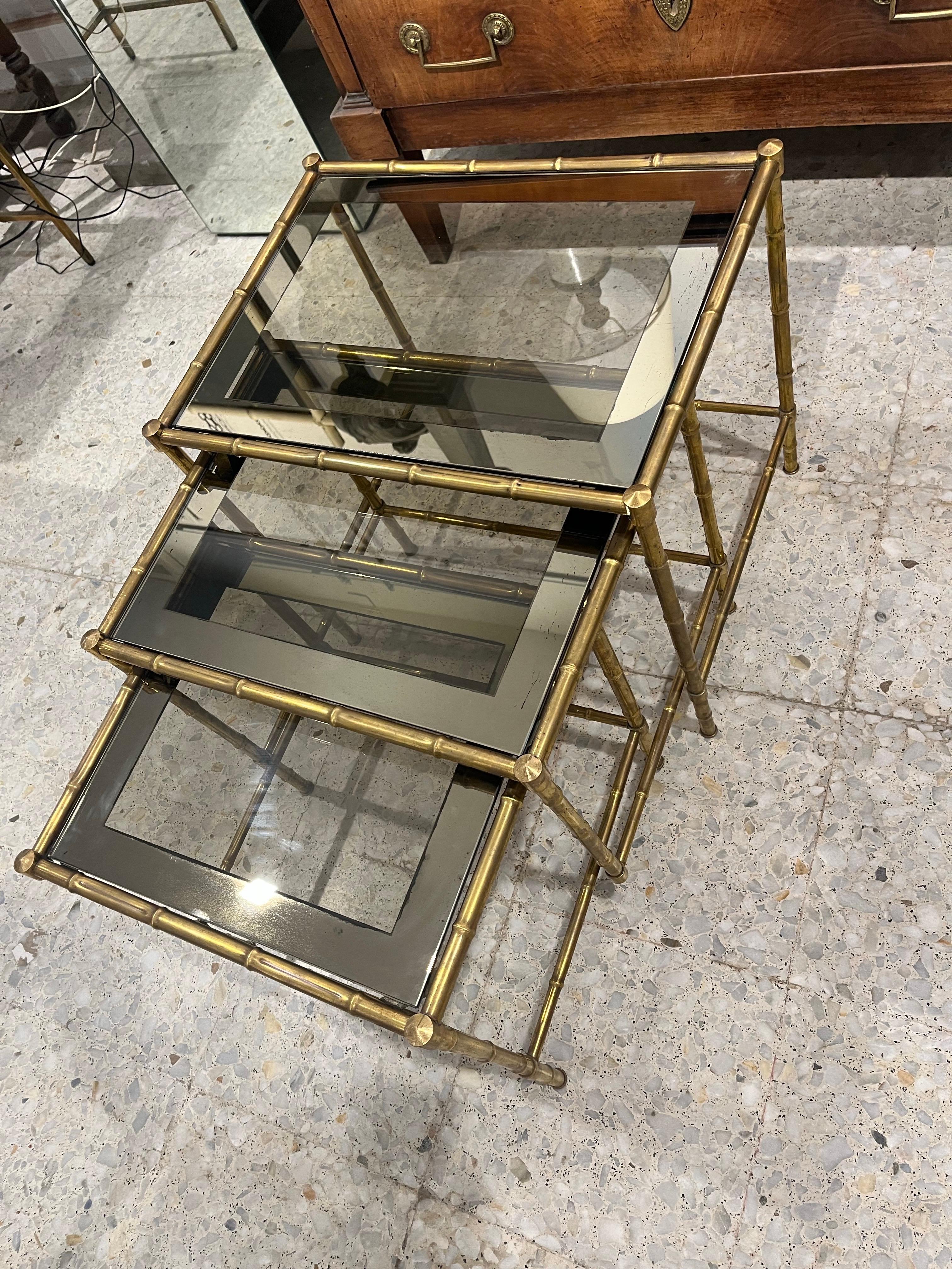 20th Century Brass and Glass Nesting  Tables  by Maison Bagues For Sale 2