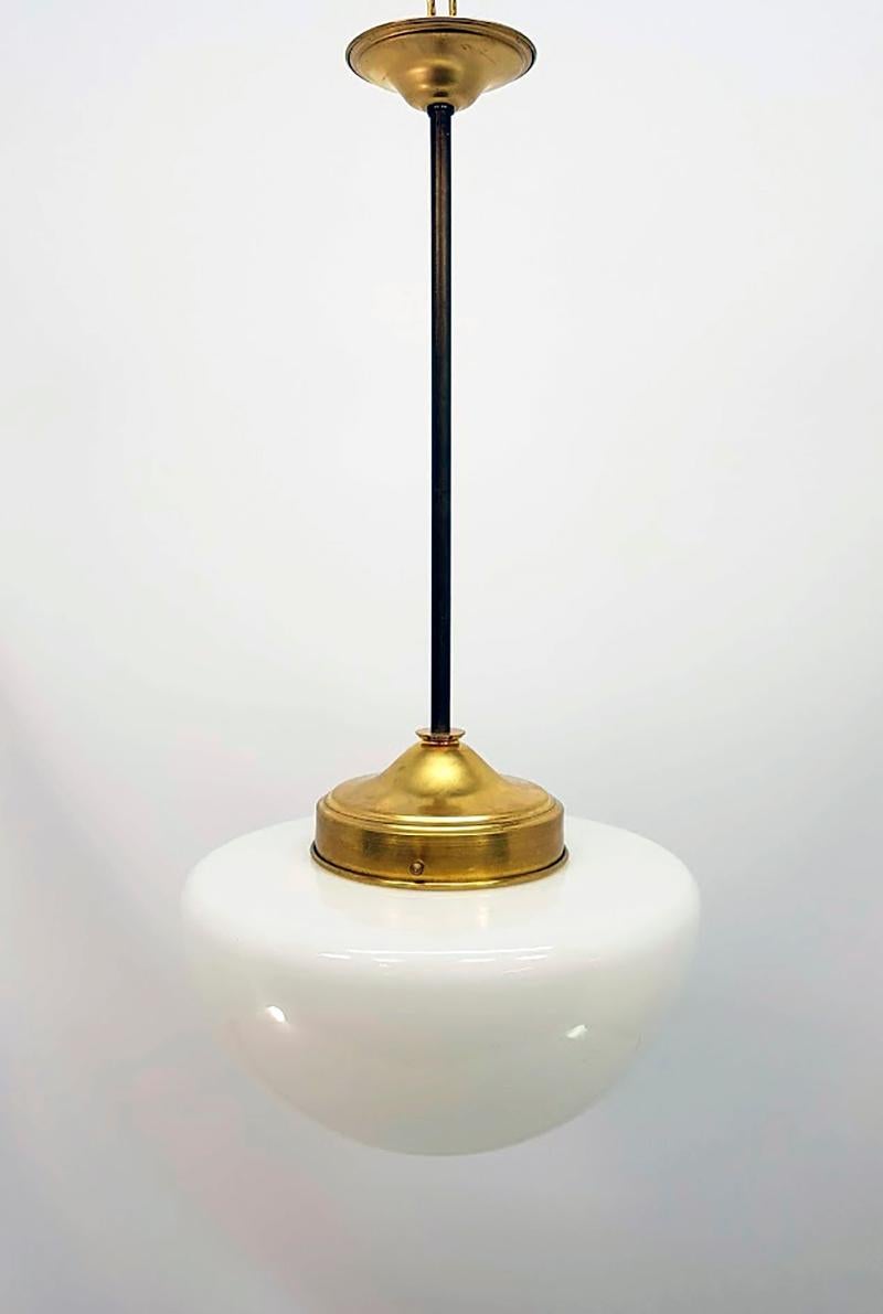Mid-Century Modern 20th Century Brass and Opaline Glass Chandelier For Sale