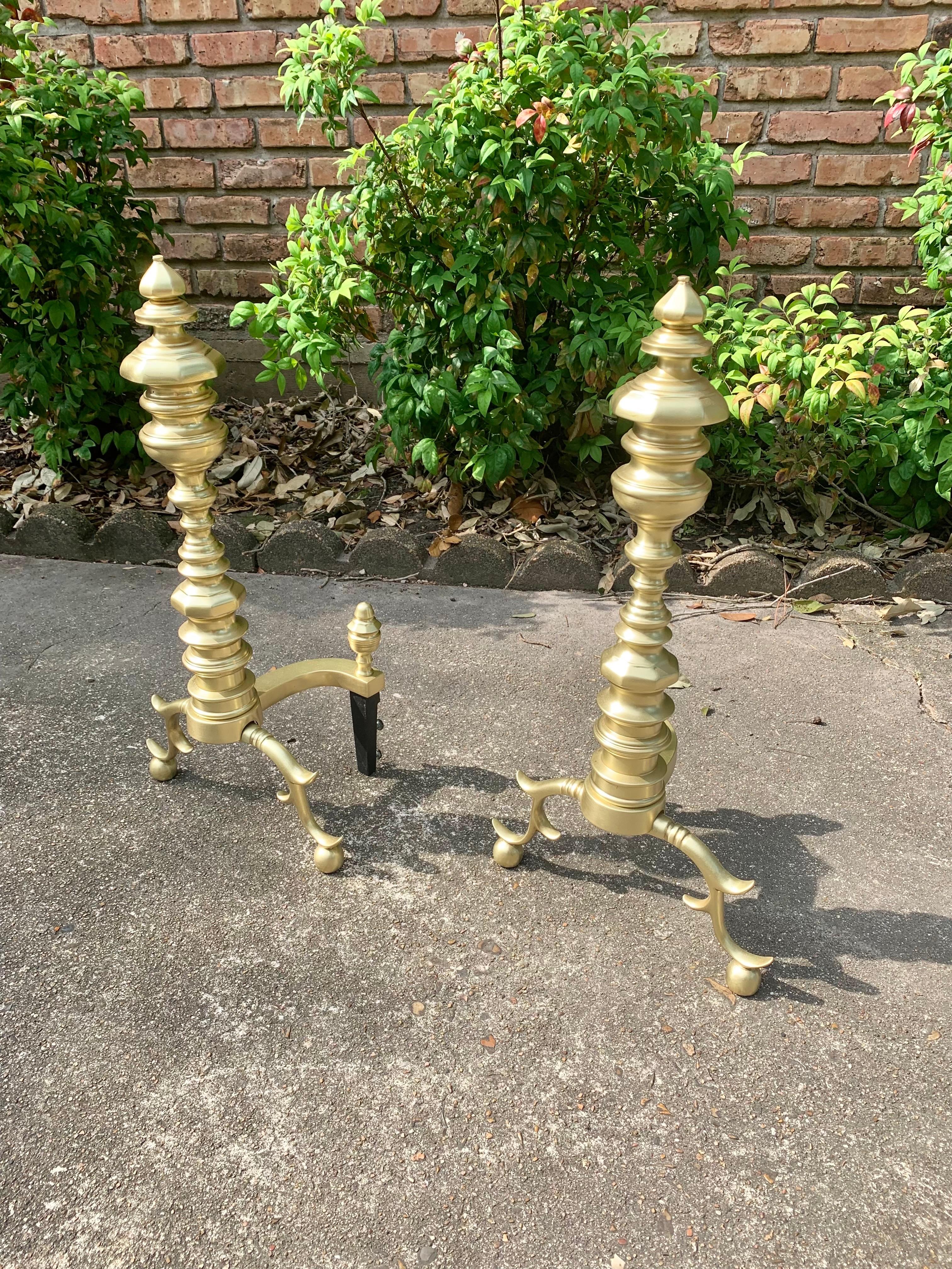 20th Century Brass Beehive Style Andirons - a Pair For Sale 8