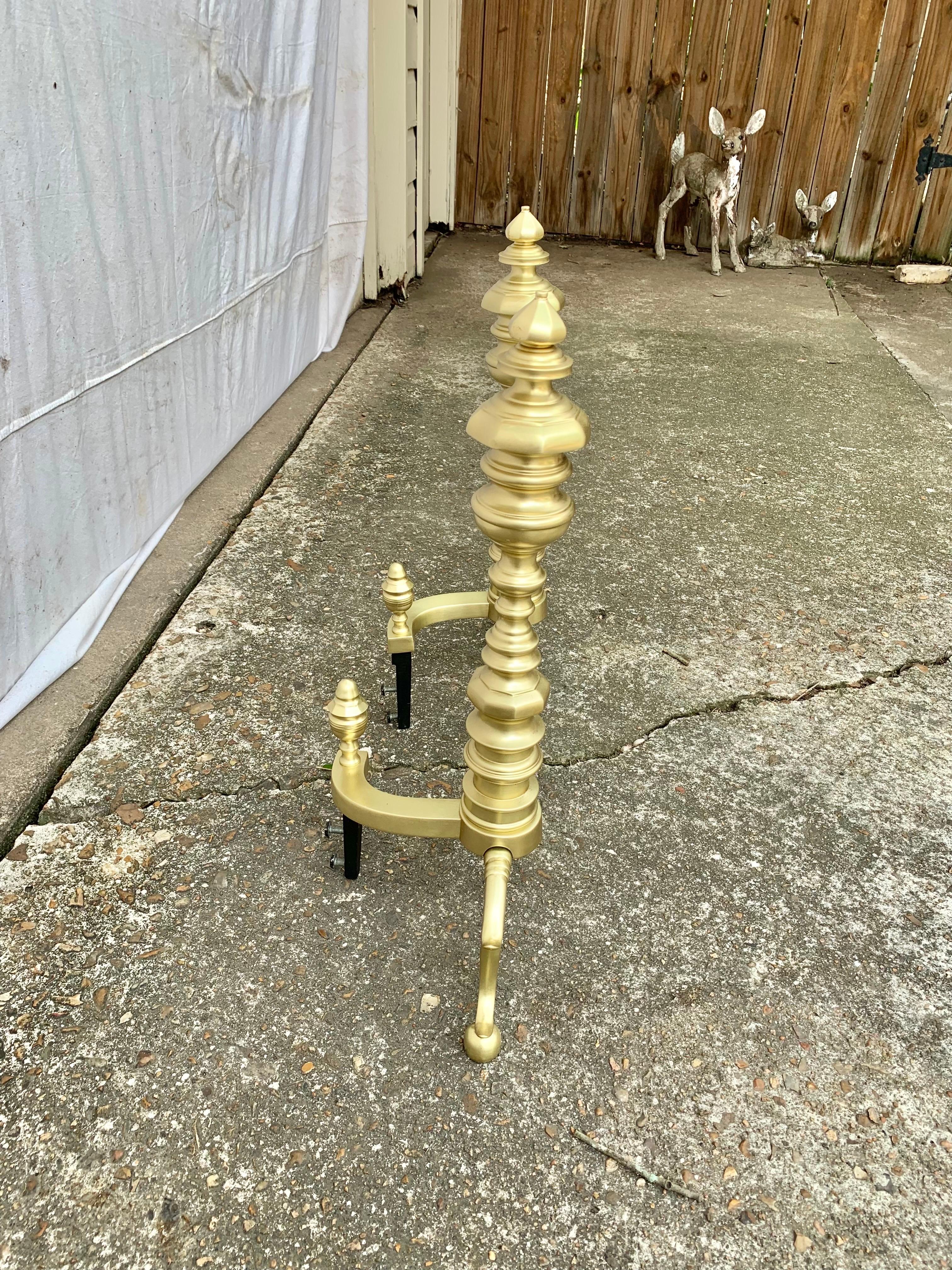 American 20th Century Brass Beehive Style Andirons - a Pair For Sale