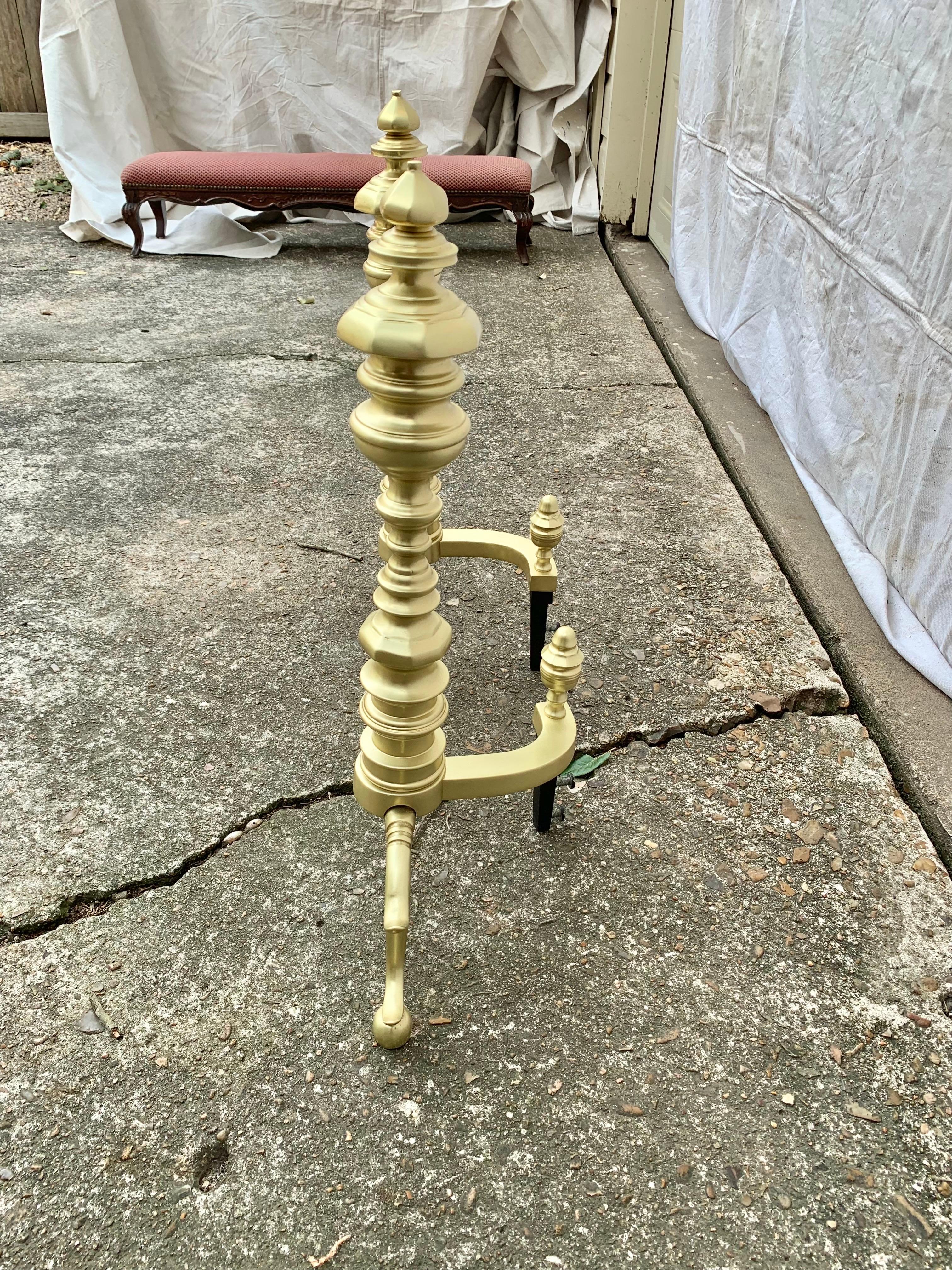 Hand-Crafted 20th Century Brass Beehive Style Andirons - a Pair For Sale