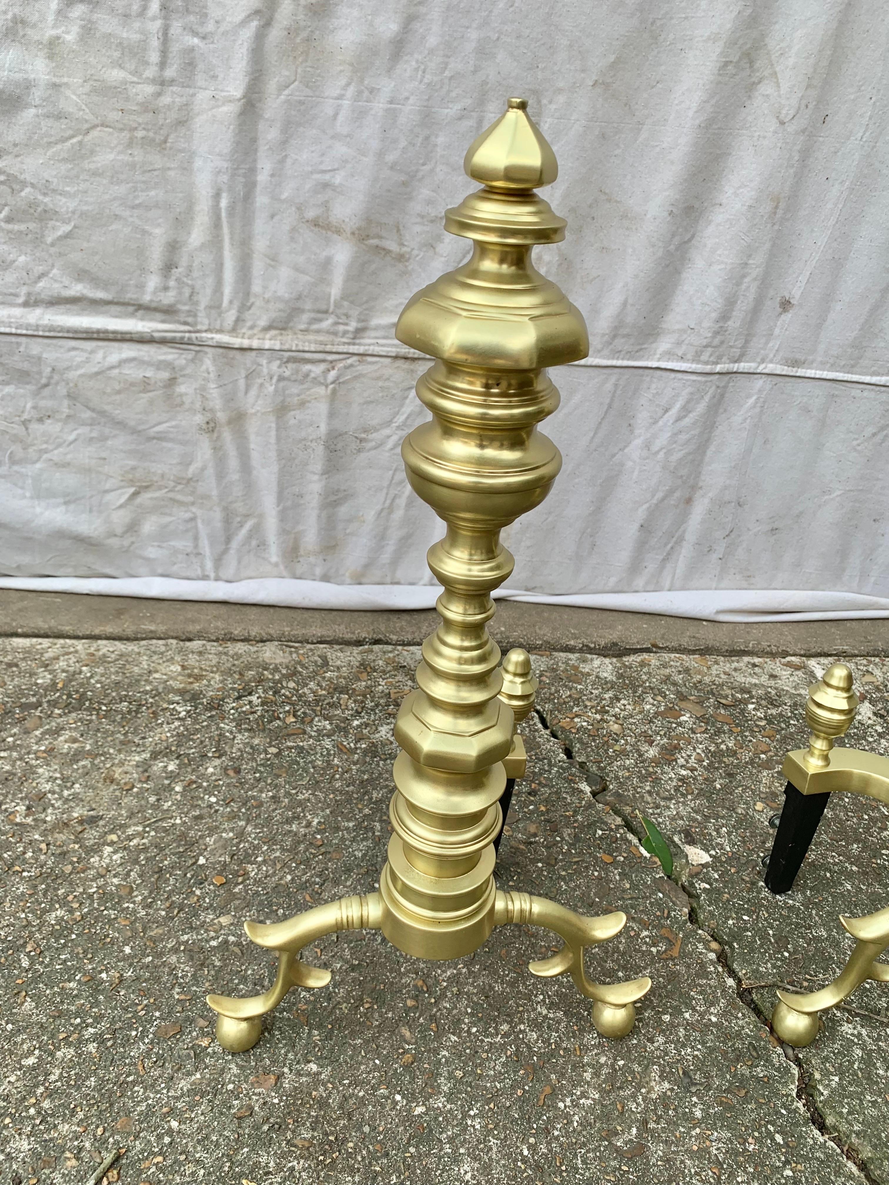20th Century Brass Beehive Style Andirons - a Pair In Good Condition For Sale In Burton, TX
