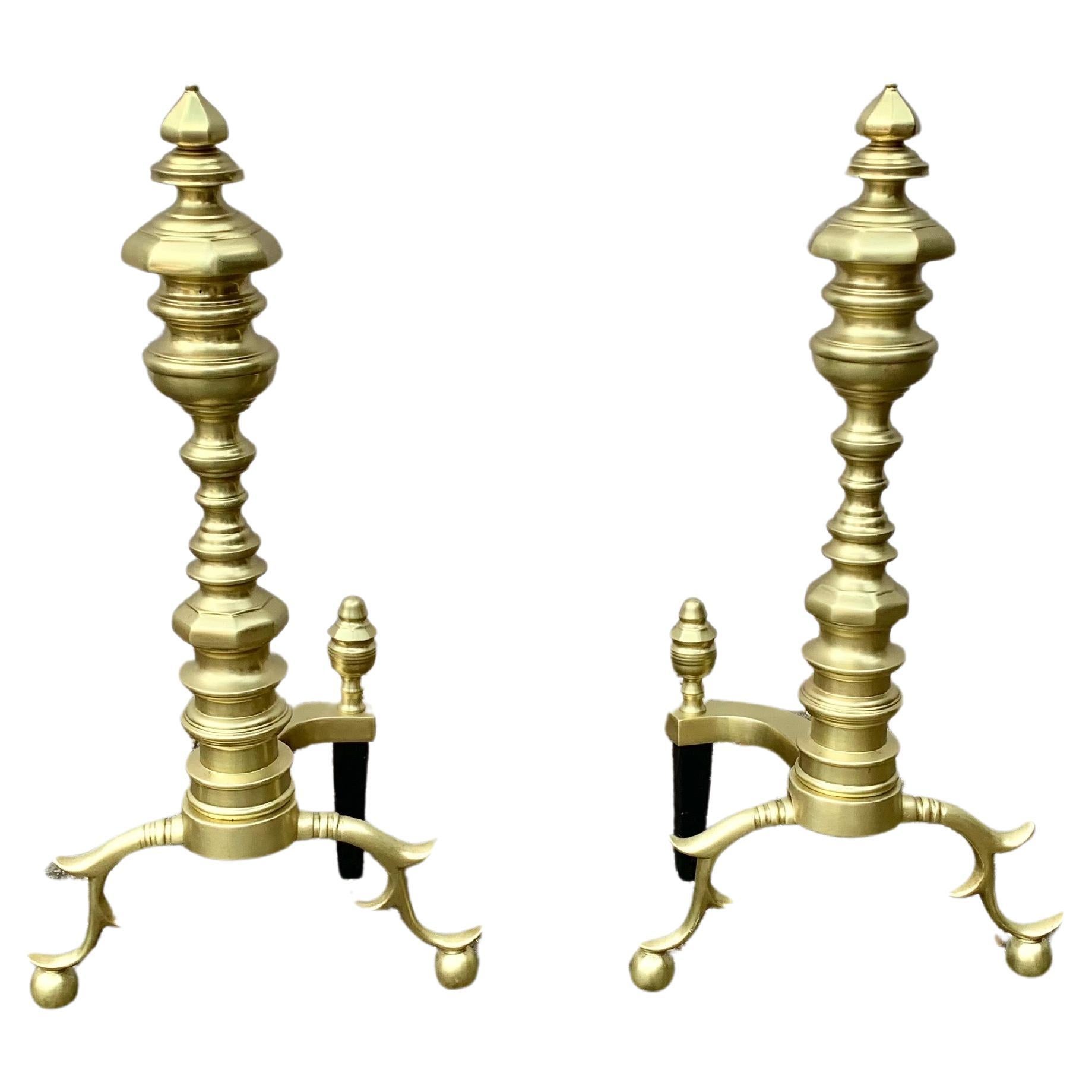20th Century Brass Beehive Style Andirons - a Pair