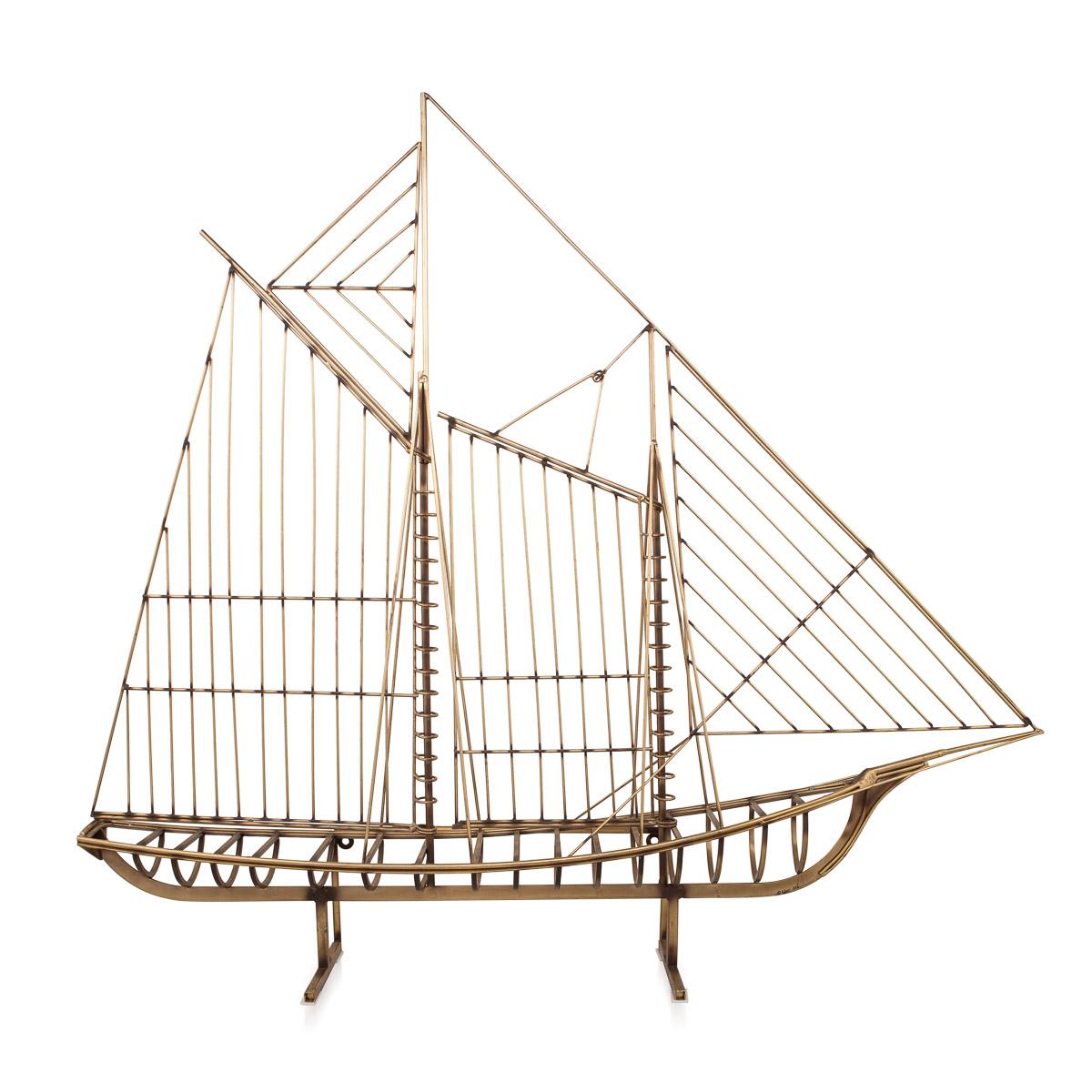 Stunning 20th century brass Galleon ship, this large geometric ship was created by Curtis Freiler & Jerry Fels. The name of the artist and furniture designer Curtis Jeré was, in fact, the shared pseudonym of two individual American artists, Curtis