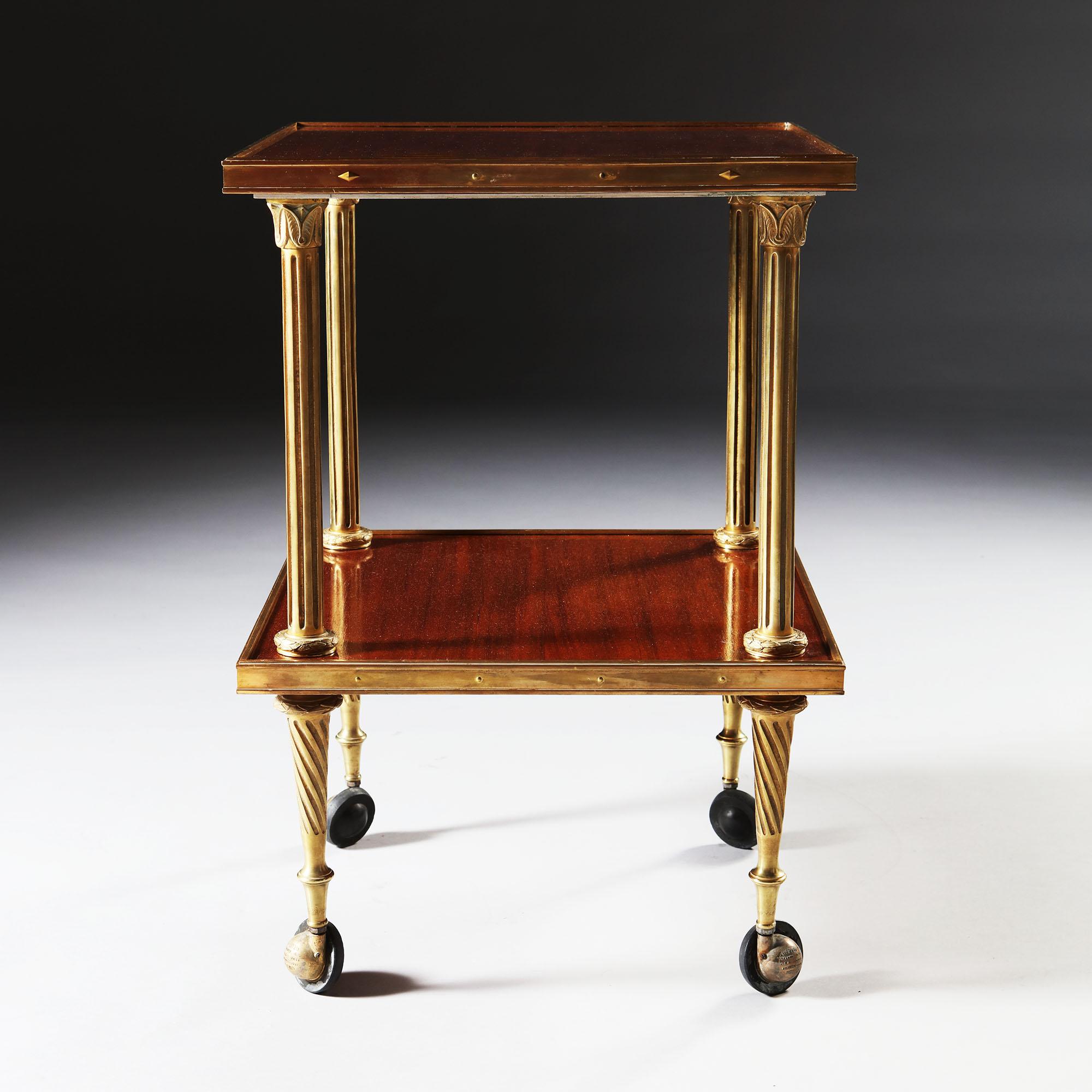 French 20th Century Brass & Mahogany Étagère or Trolley with Wheels, Maison Jansen