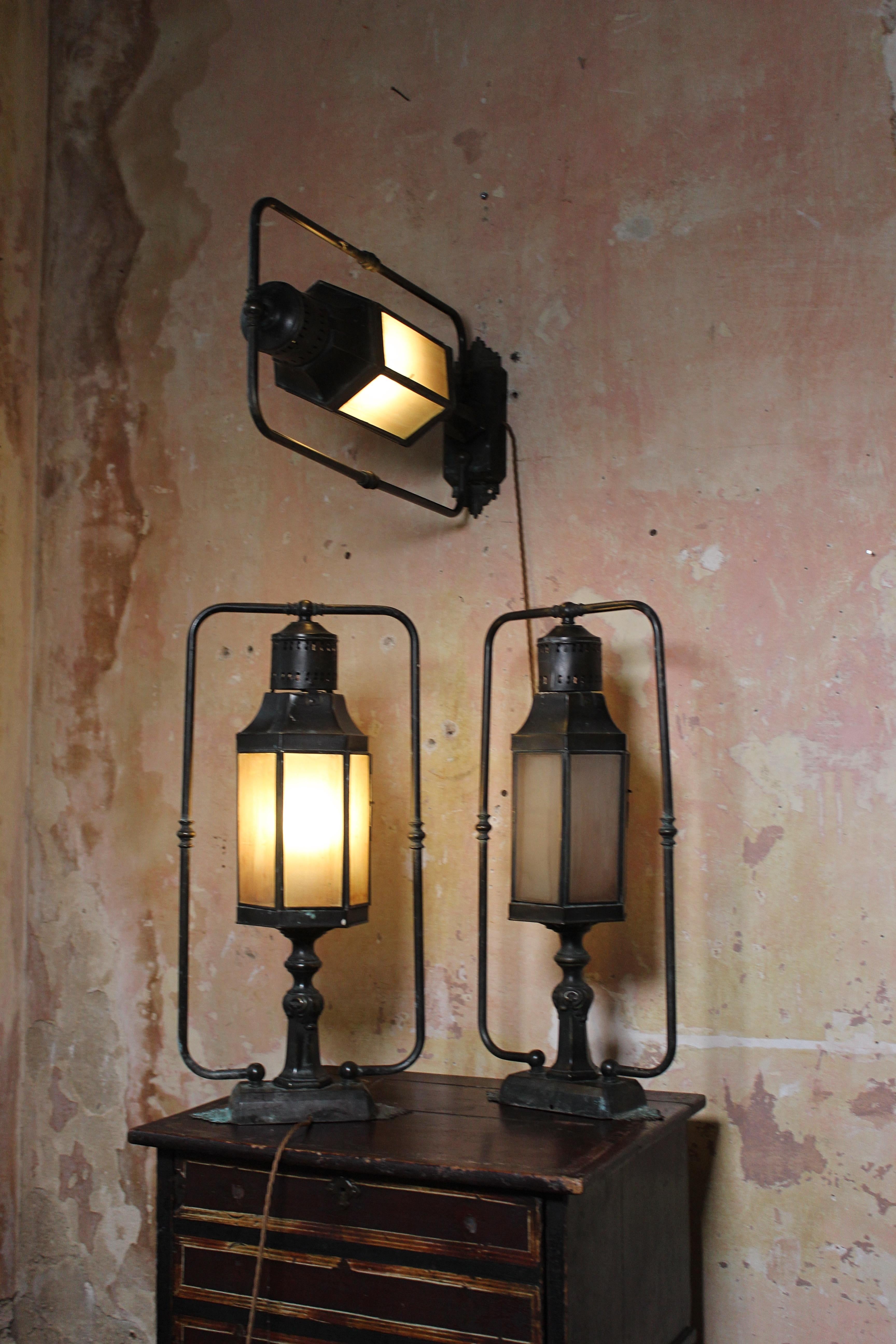 English 20th Century Brass & Marble Glass Wall, Ground, Pillar Bedside Library Lanterns