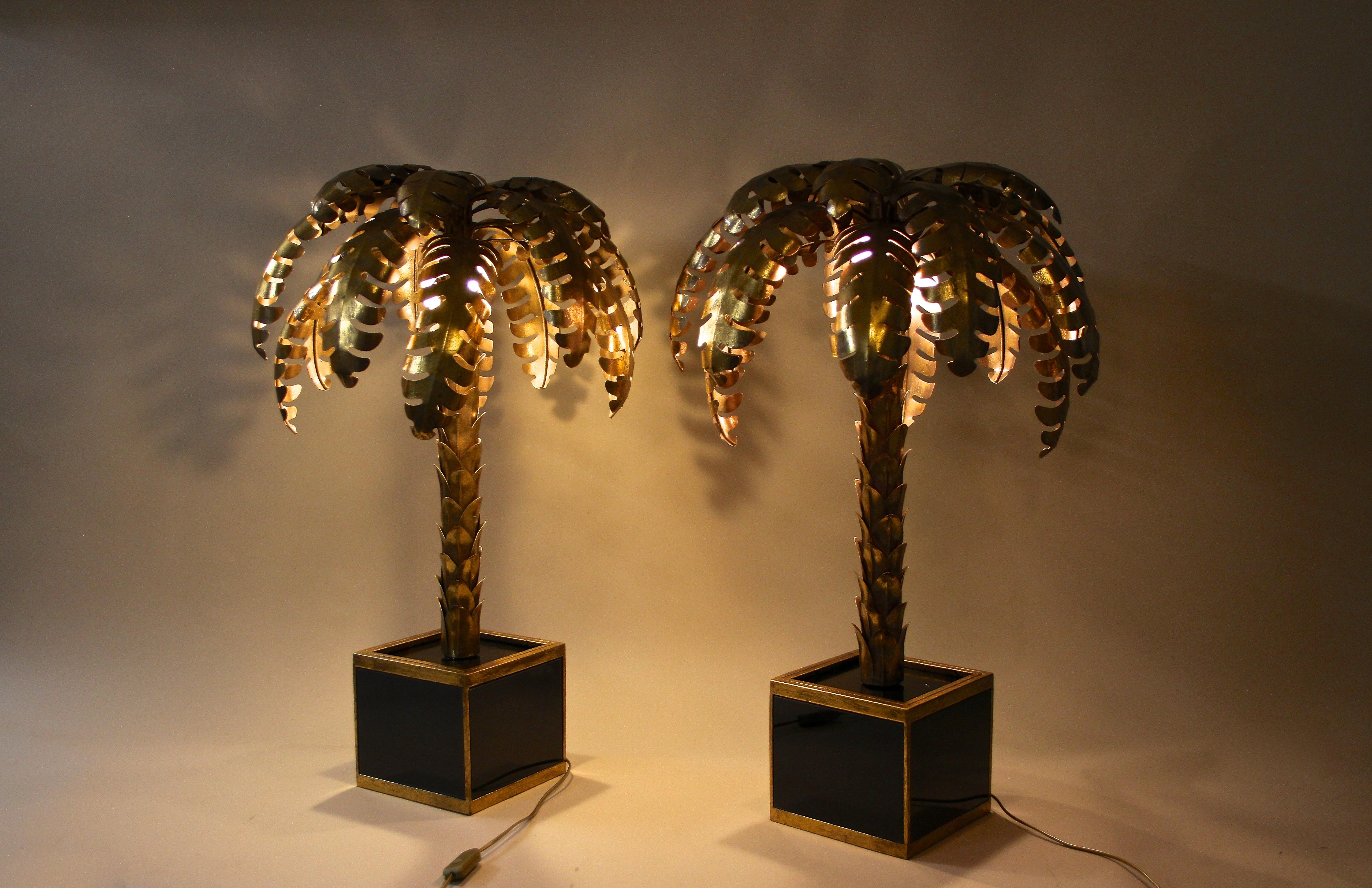 French 20th Century Brass Palm Tree Table Lamps Attributed to M.J, France ca. 1970 For Sale