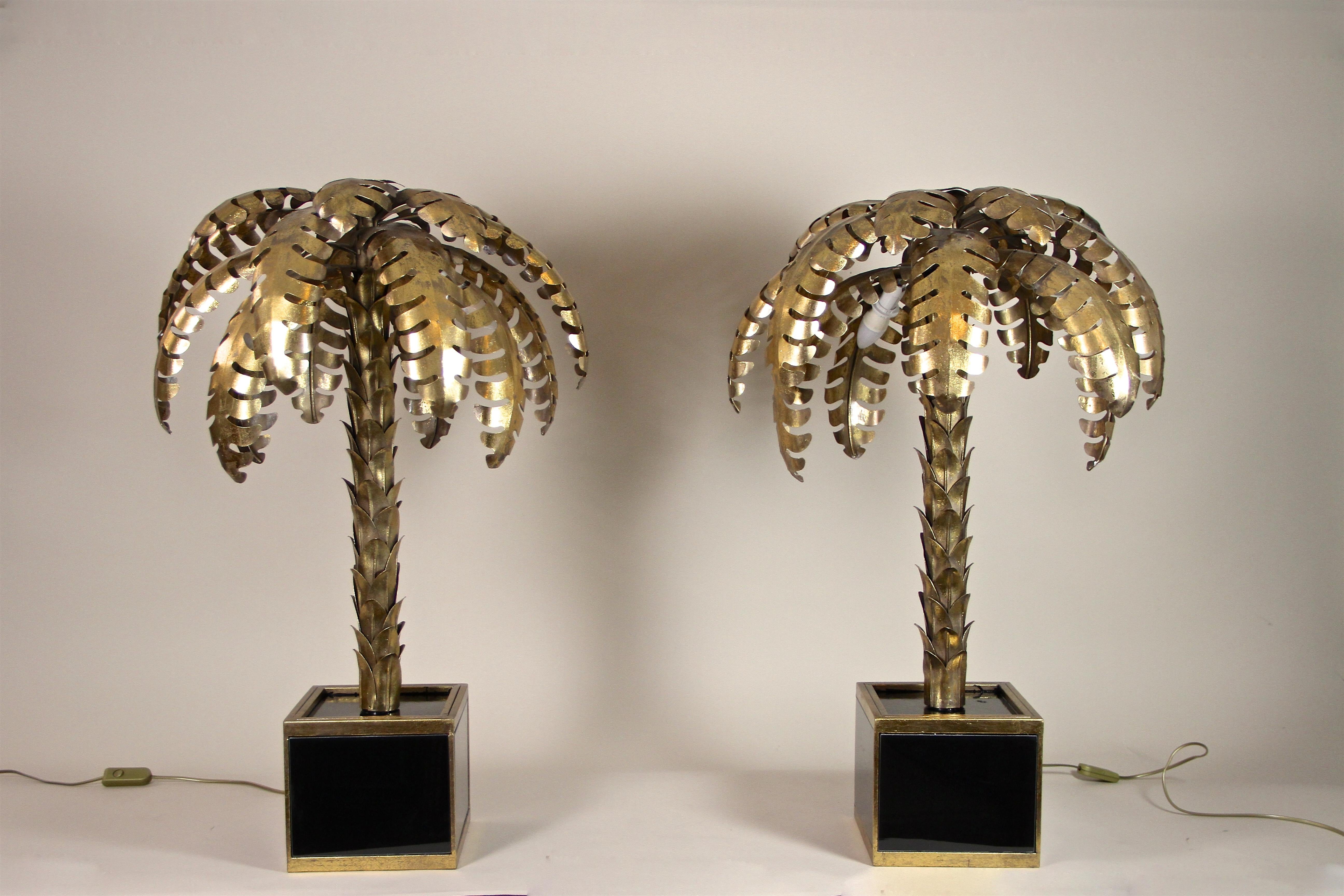 Patinated 20th Century Brass Palm Tree Table Lamps Attributed to M.J, France ca. 1970 For Sale