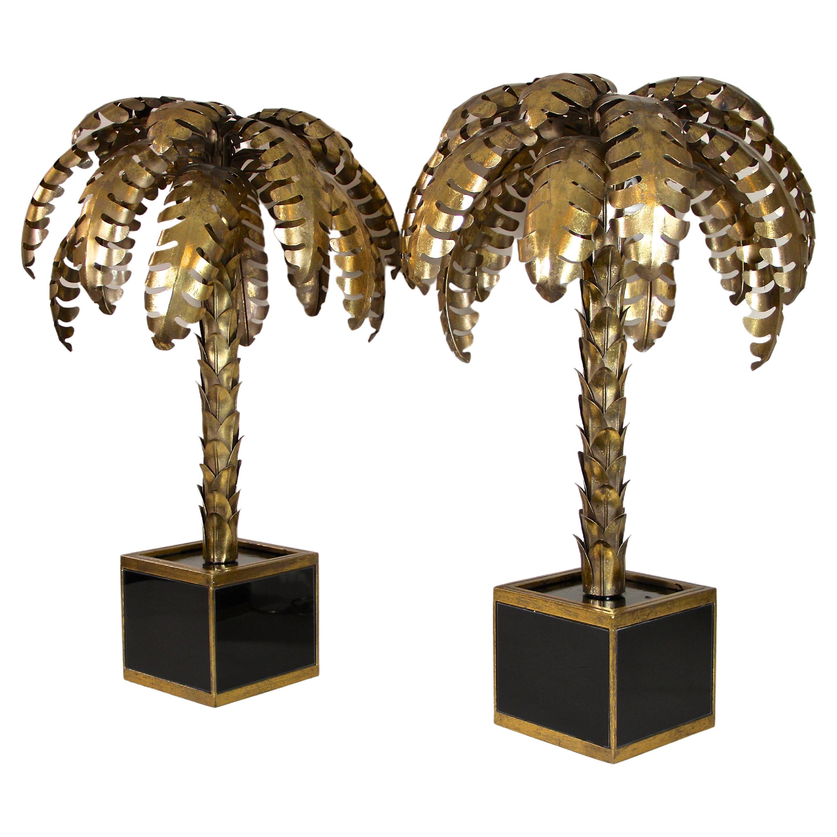 20th Century Brass Palm Tree Table Lamps Attributed to M.J, France ca. 1970