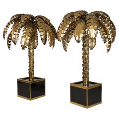 20th Century Brass Palm Tree Table Lamps Attributed to M.J, France ca. 1970