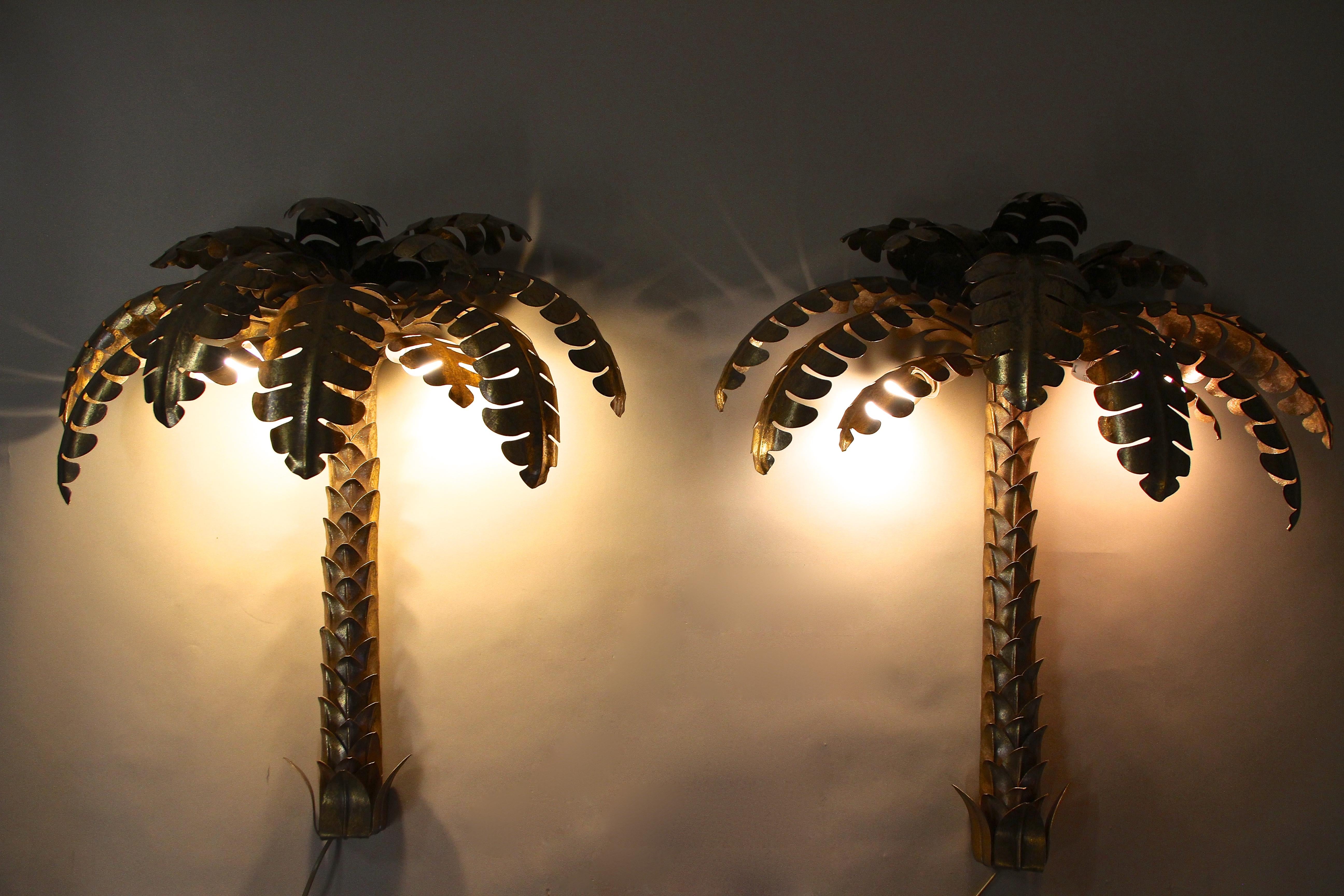 French 20th Century Brass Palm Wall Lights Attributed to M.J, France ca. 1970