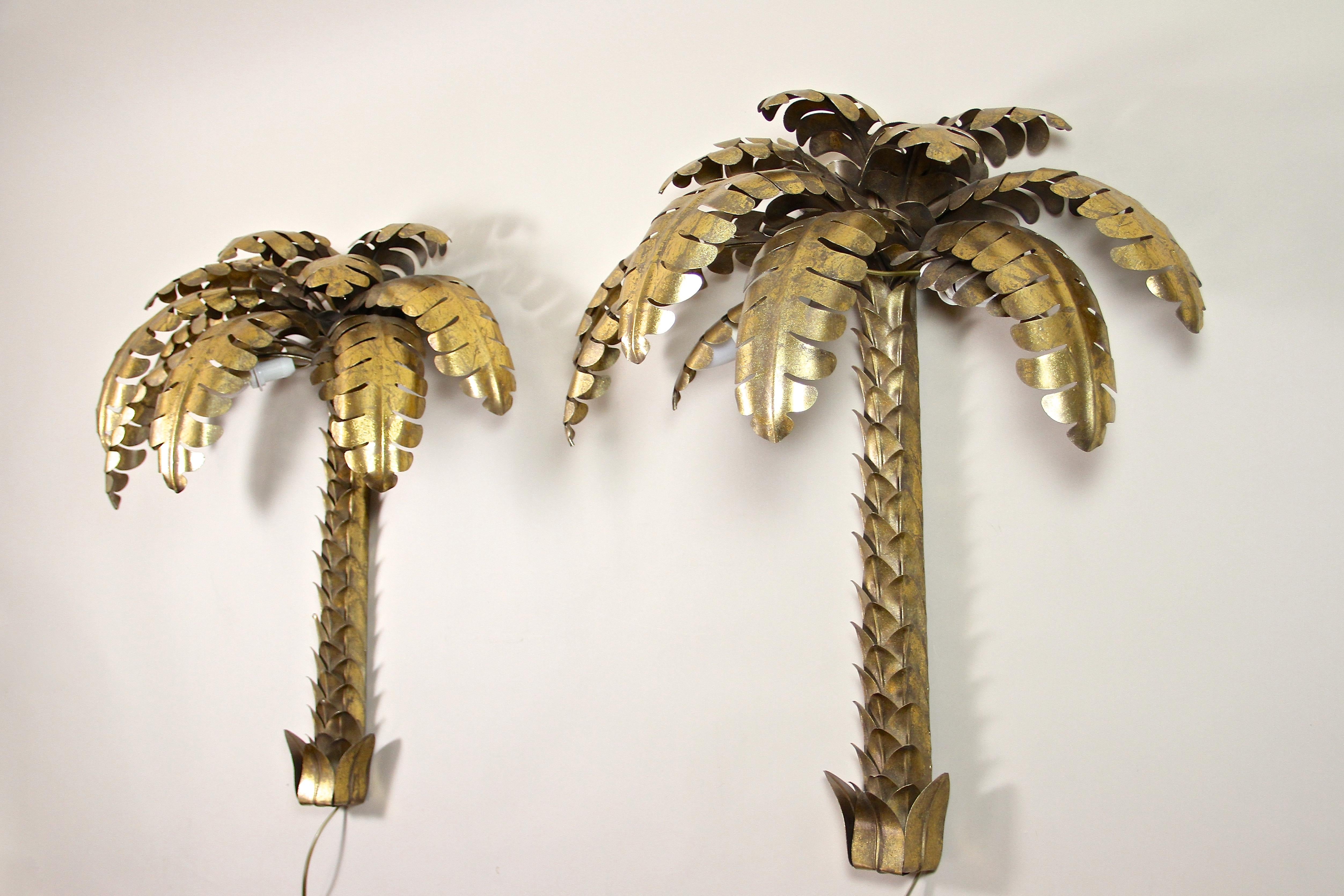 Patinated 20th Century Brass Palm Wall Lights Attributed to M.J, France ca. 1970