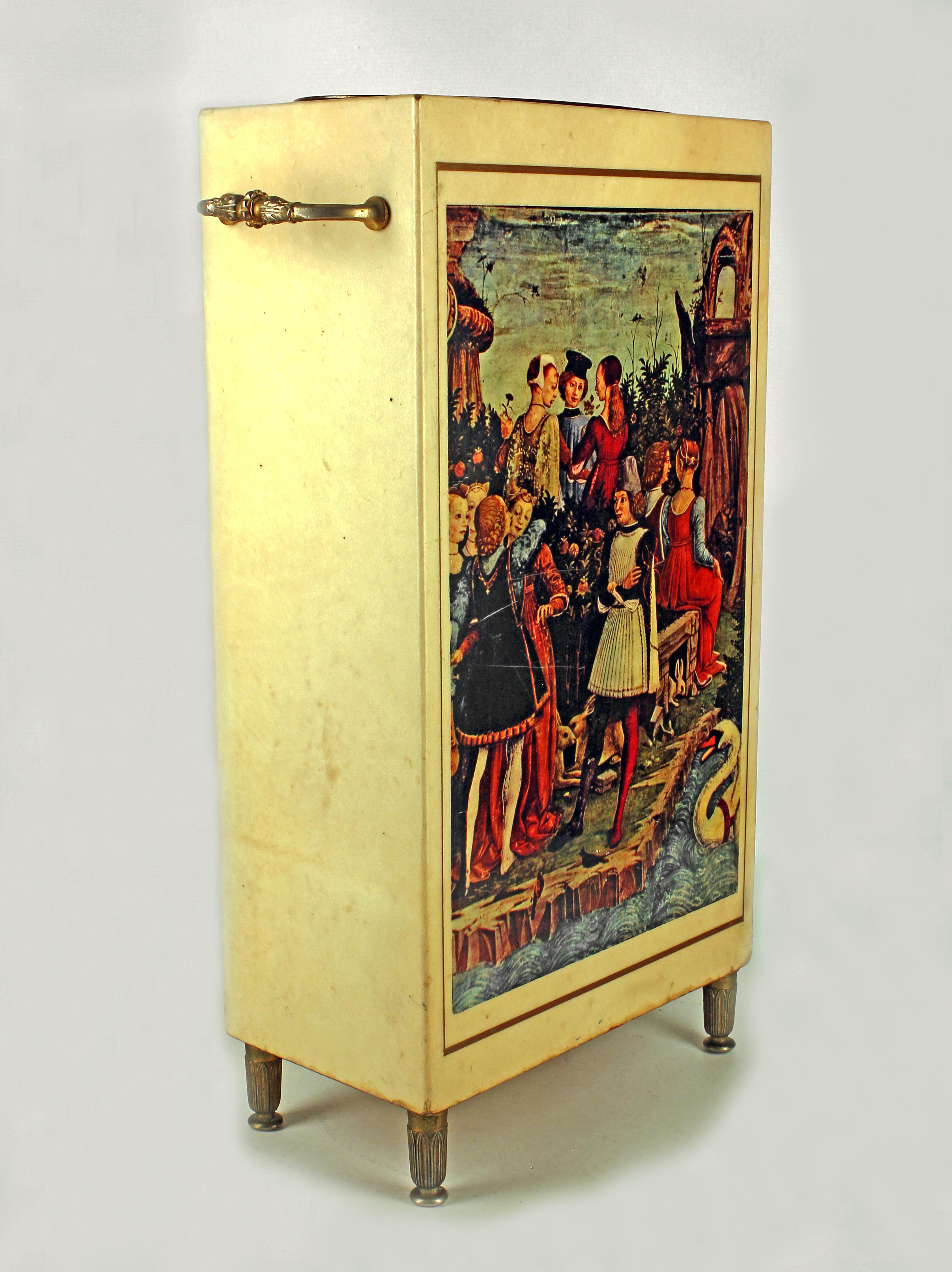 Late 20th century brass umbrella stand covered in lacquered goatskin by italian designer Aldo Tura

By: Aldo Tura
Material: brass, copper, goatskin, paint, parchment paper, zinc, metal
Technique: cast, hand-painted, lacquered, painted
Dimensions: 6