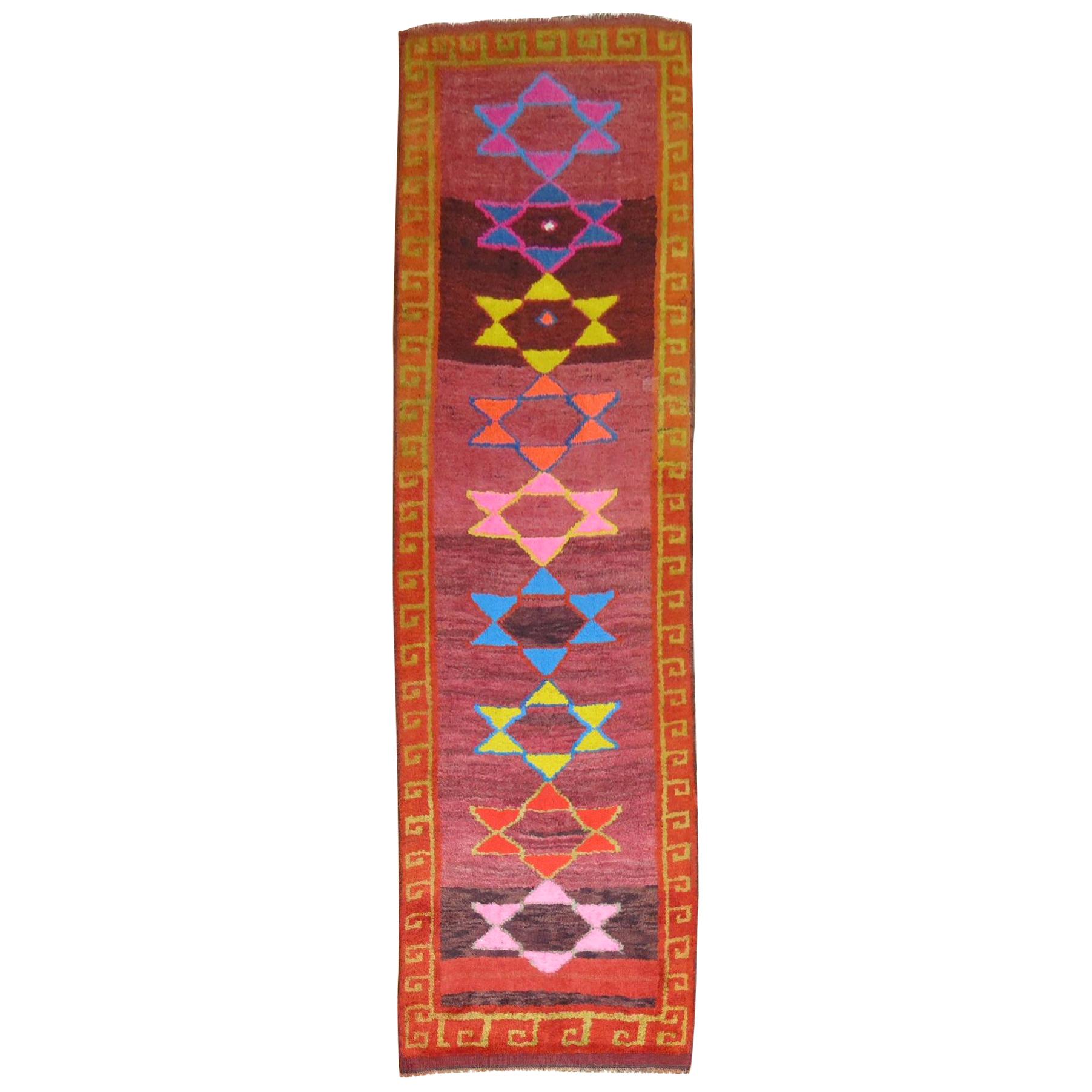 20th Century Bright Color Vintage Turkish Star Motif Full Pile Bohemian Runner For Sale