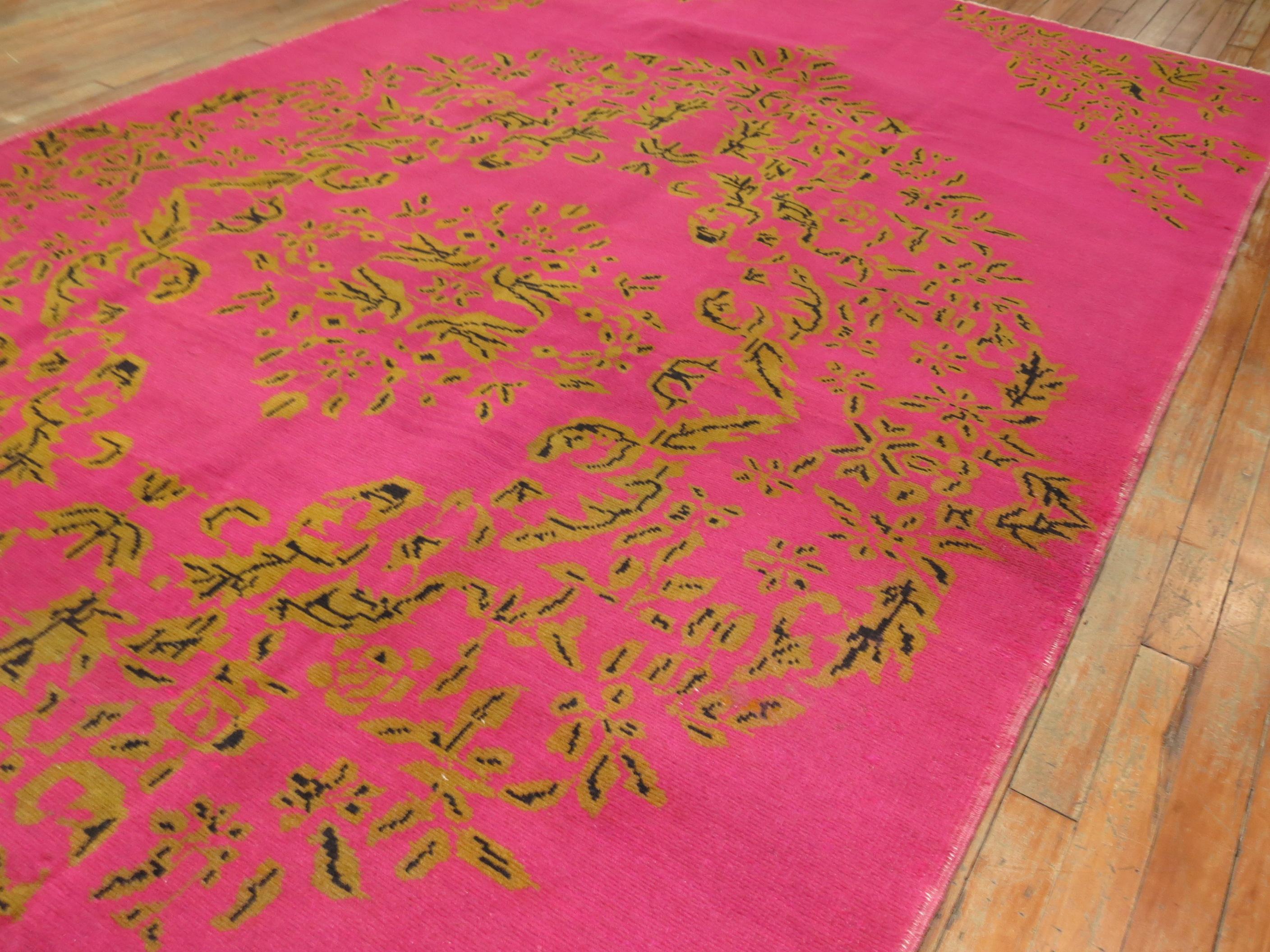 Bohemian 20th Century Bright Fuchsia Turkish Hand Knotted Rug For Sale