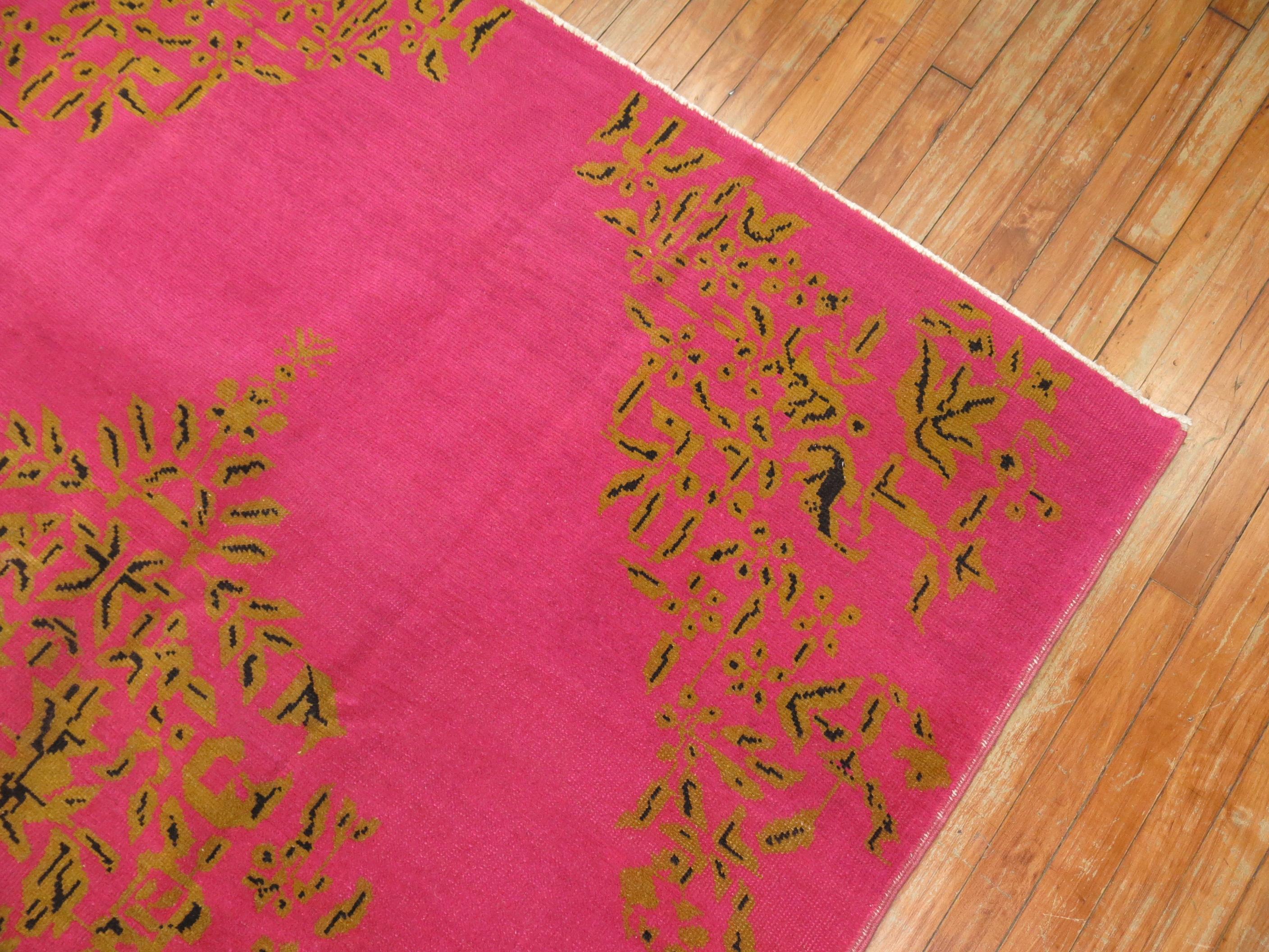 20th Century Bright Fuchsia Turkish Hand Knotted Rug In Excellent Condition For Sale In New York, NY