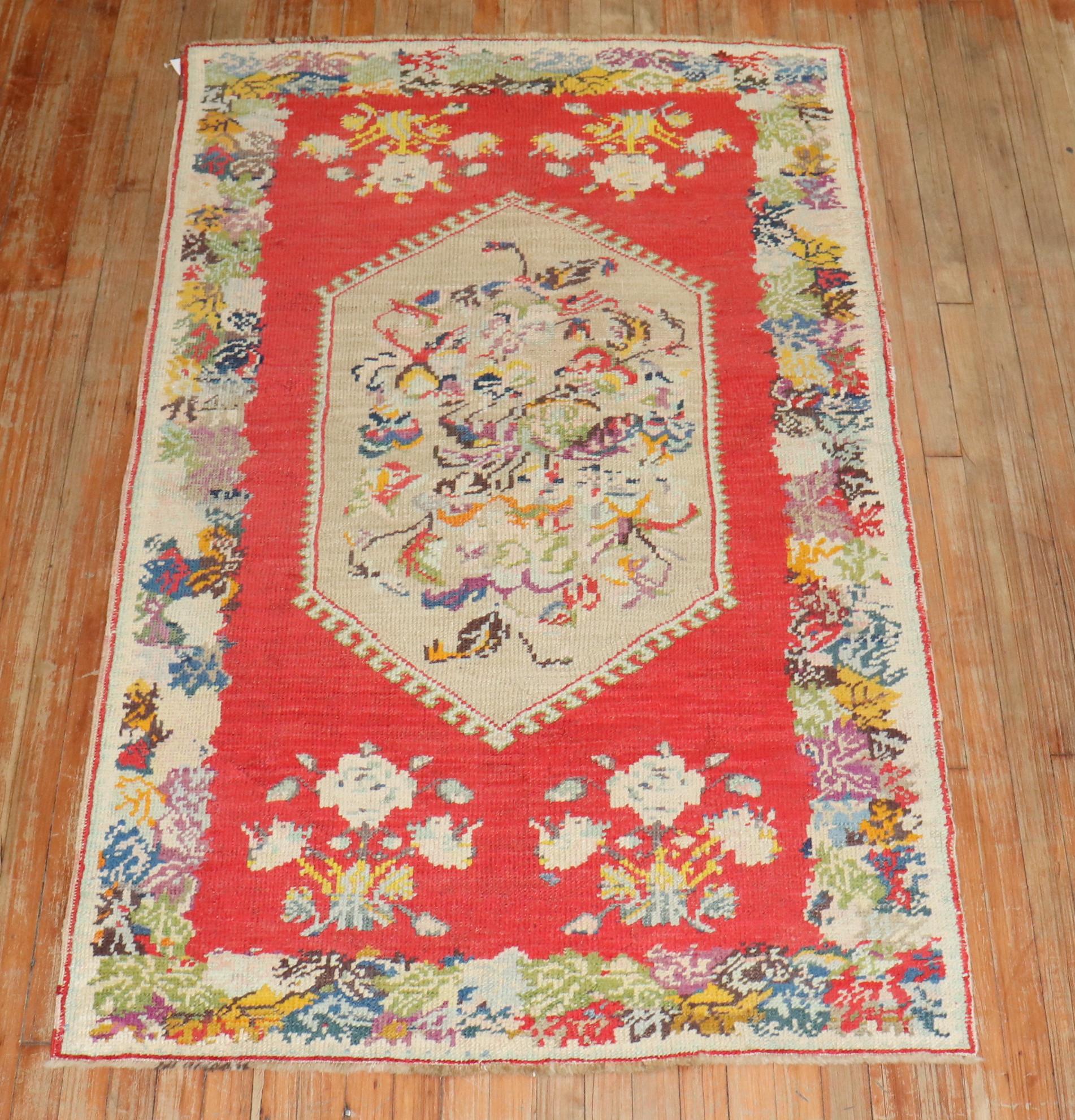 Elizabethan 20th Century Bright Red Colorful Turkish Accent Rug For Sale