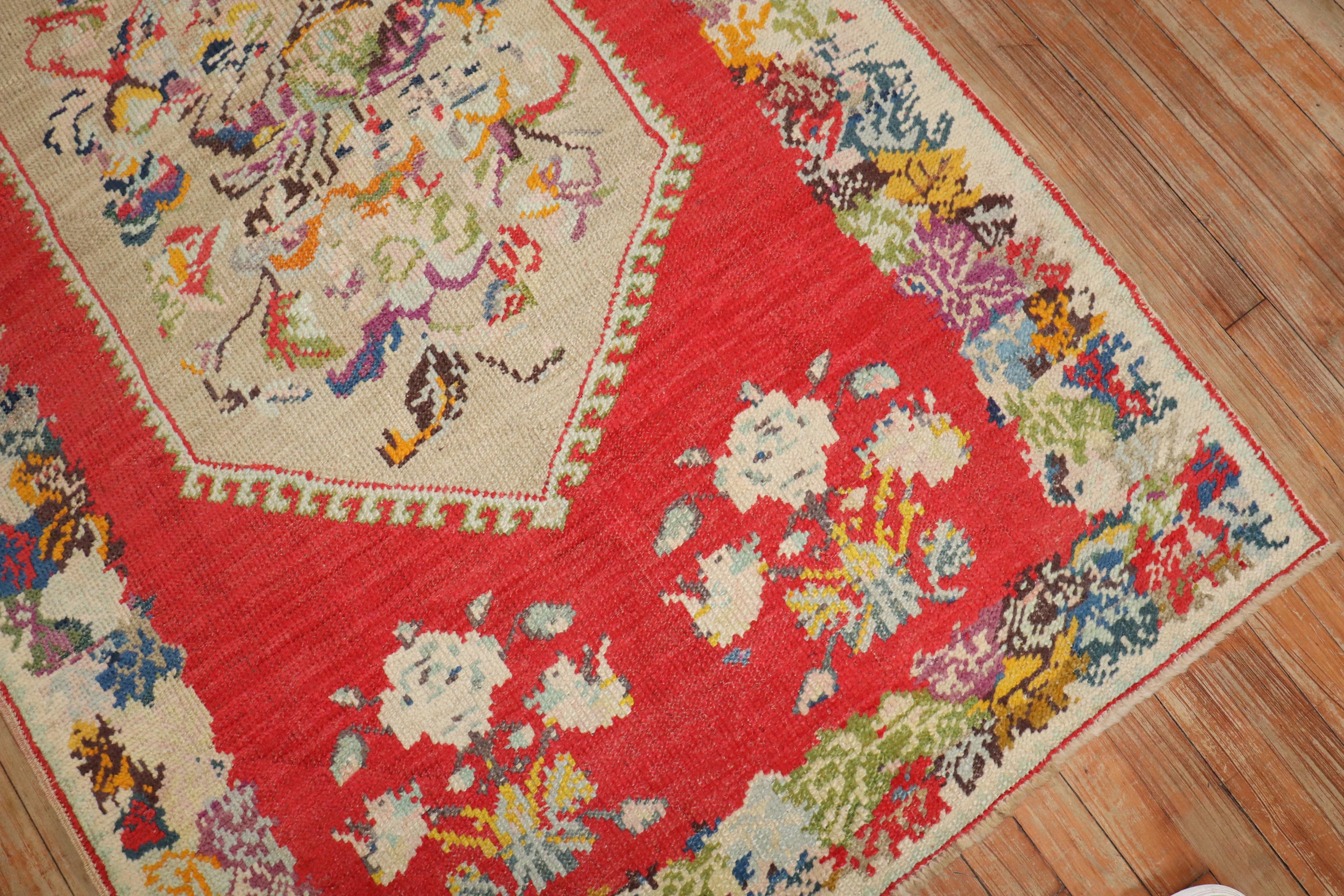 Hand-Woven 20th Century Bright Red Colorful Turkish Accent Rug For Sale