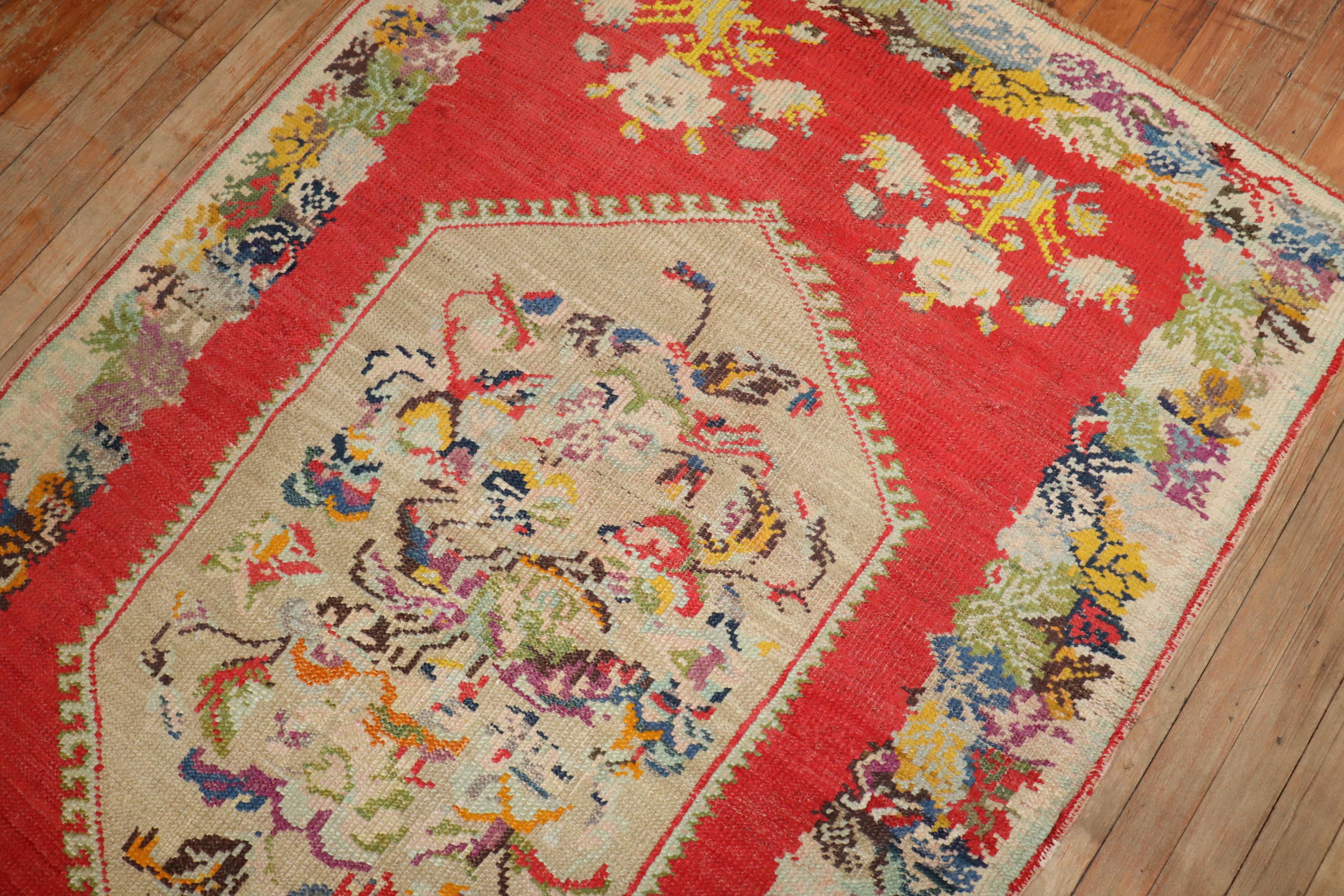20th Century Bright Red Colorful Turkish Accent Rug In Good Condition For Sale In New York, NY