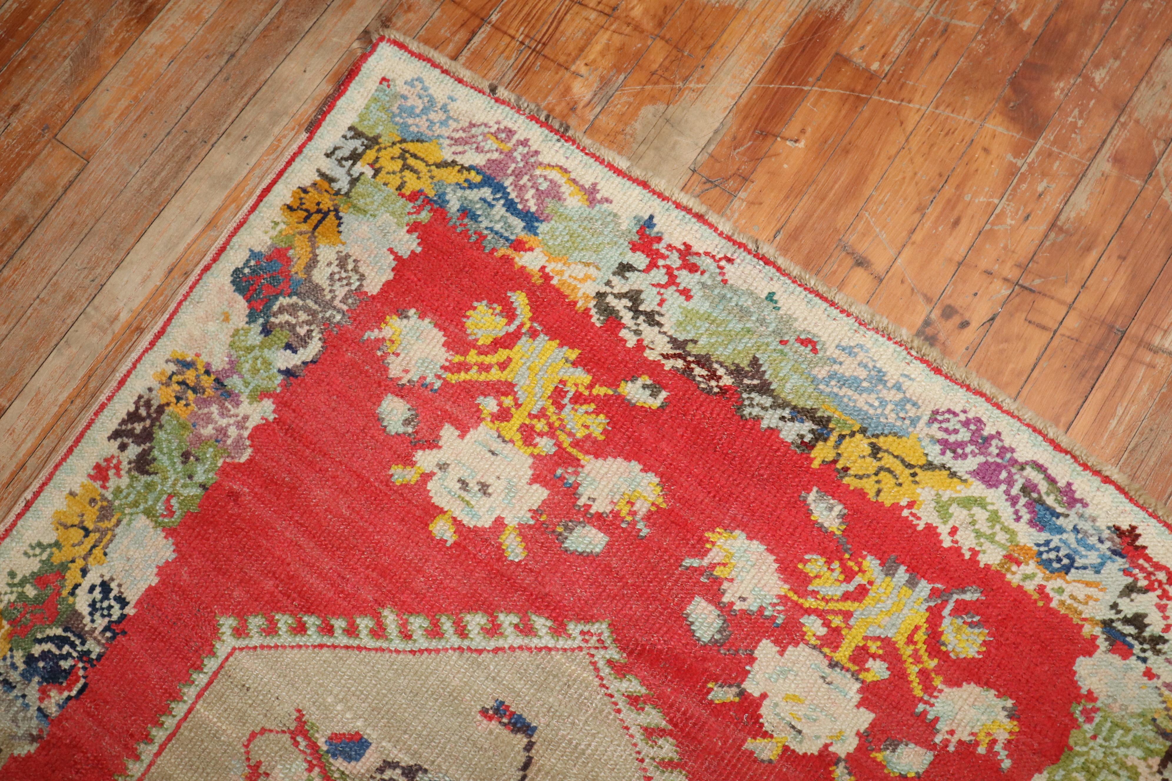 Wool 20th Century Bright Red Colorful Turkish Accent Rug For Sale