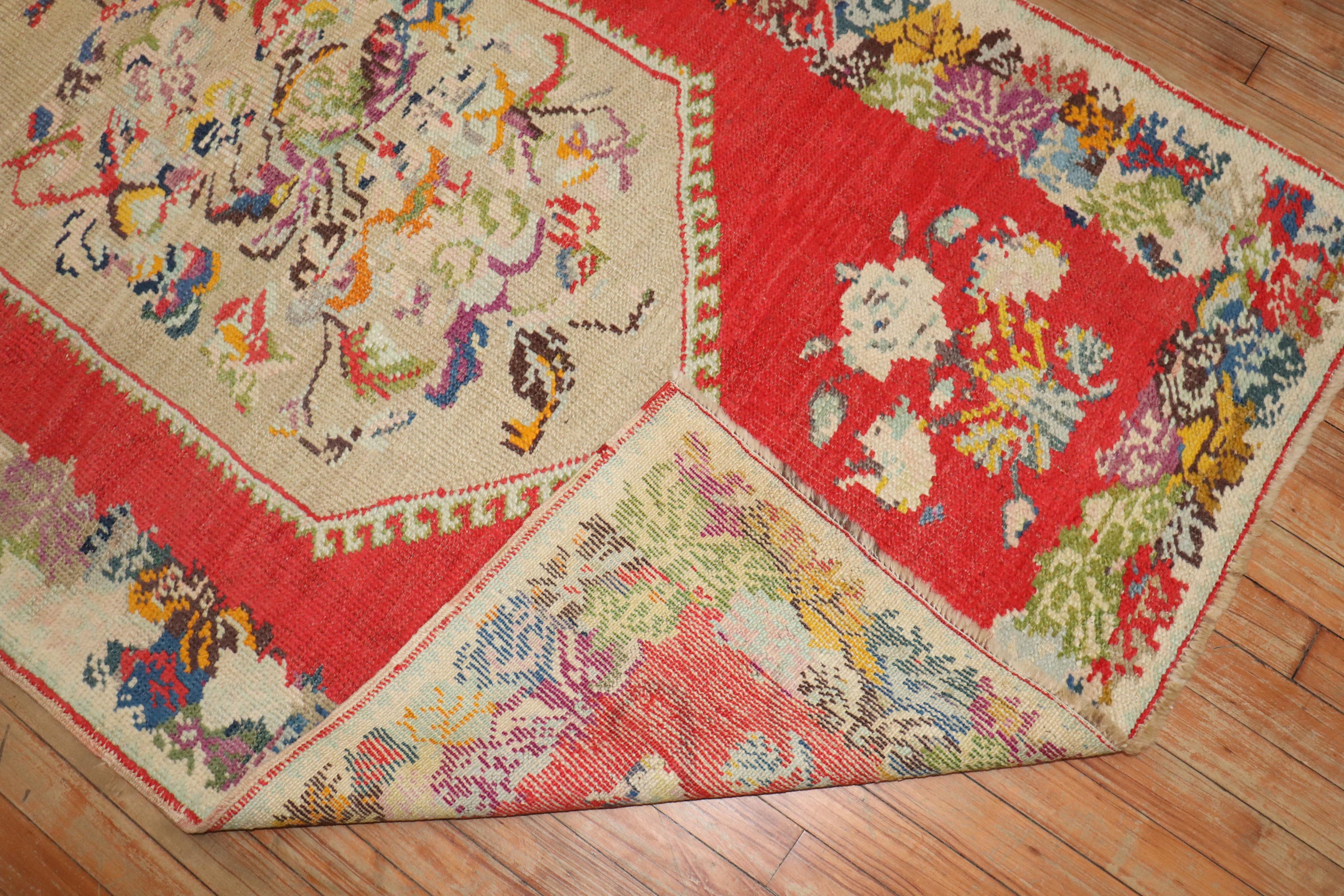 20th Century Bright Red Colorful Turkish Accent Rug For Sale 1