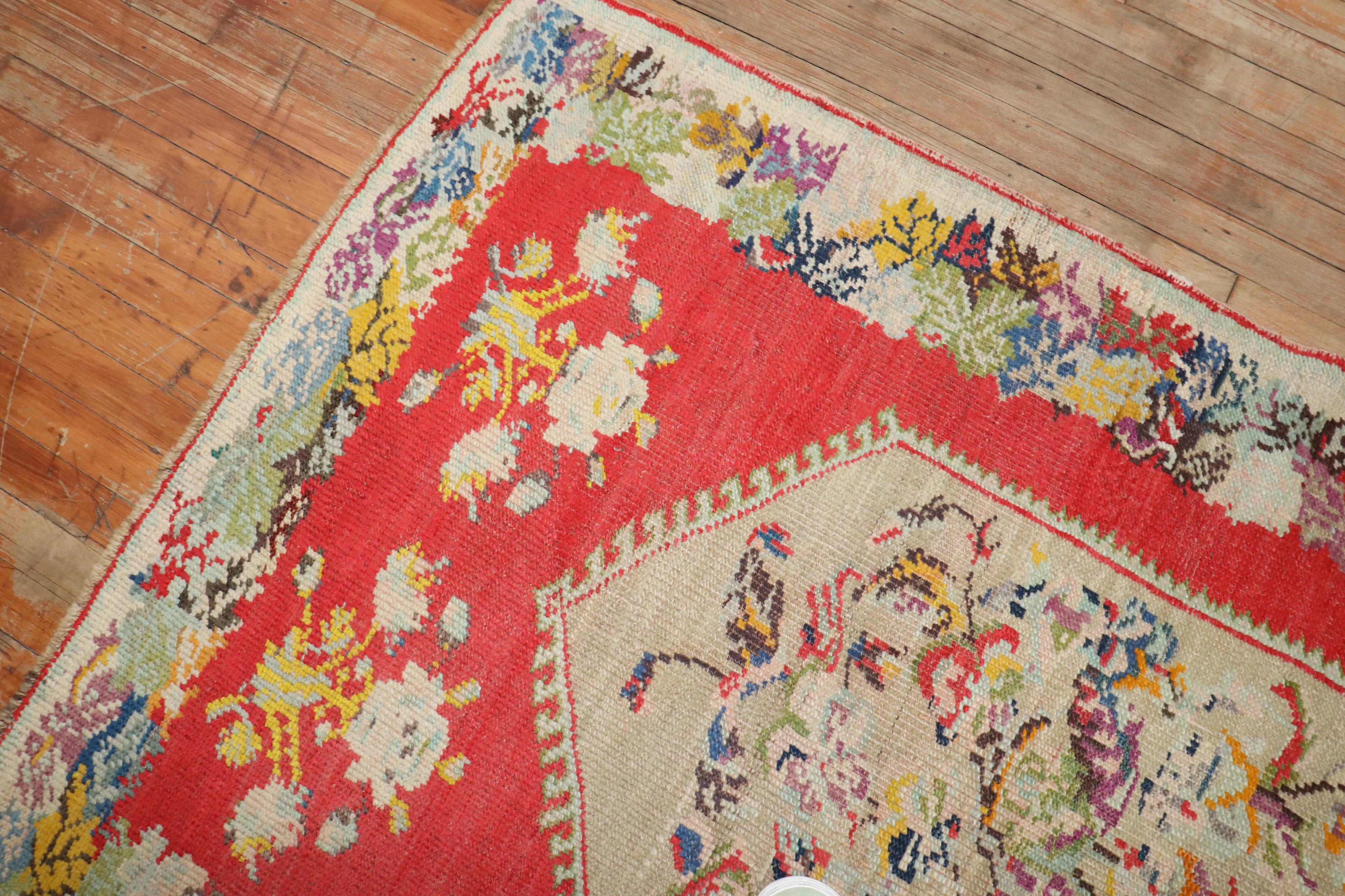 20th Century Bright Red Colorful Turkish Accent Rug For Sale 2