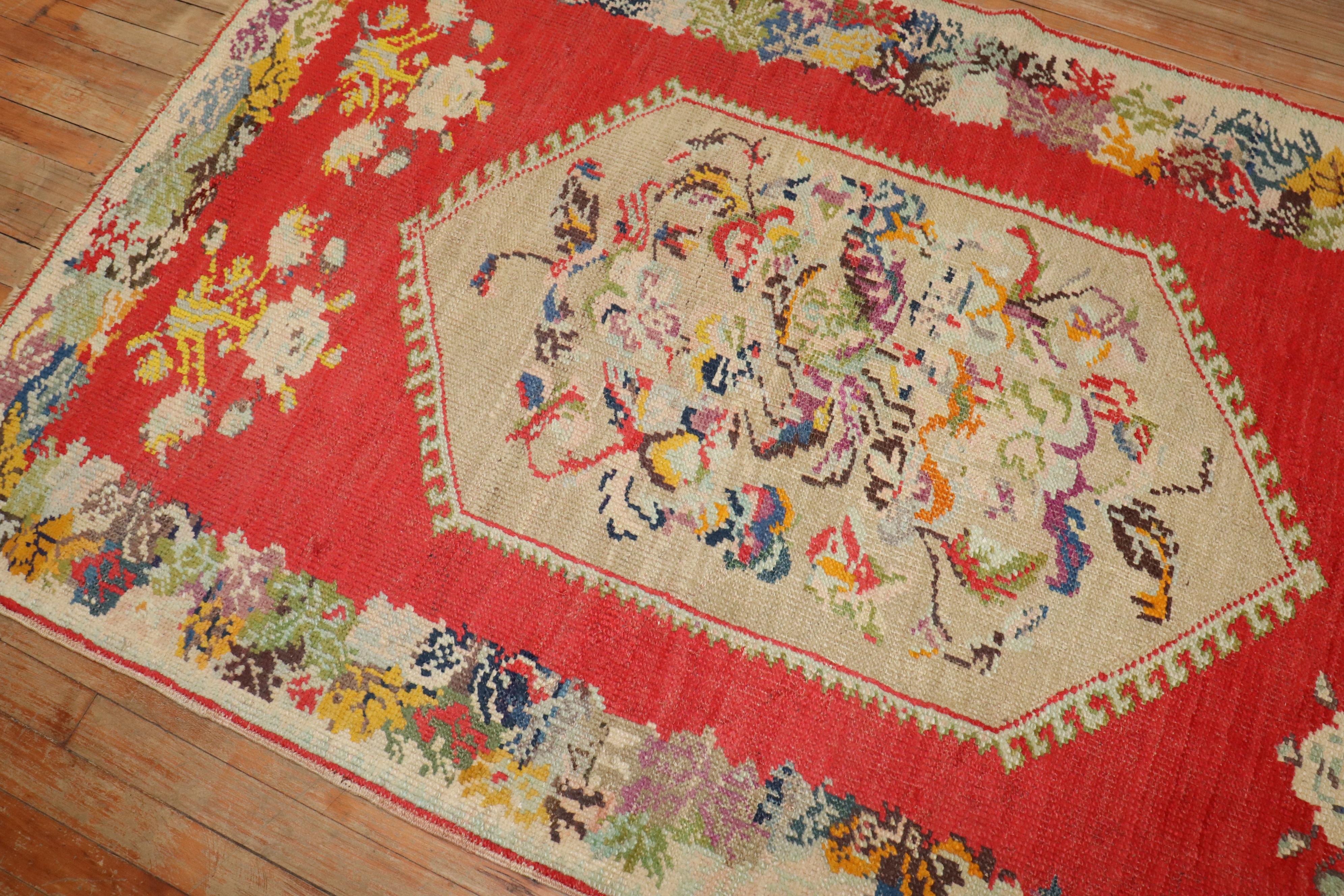 20th Century Bright Red Colorful Turkish Accent Rug For Sale 3